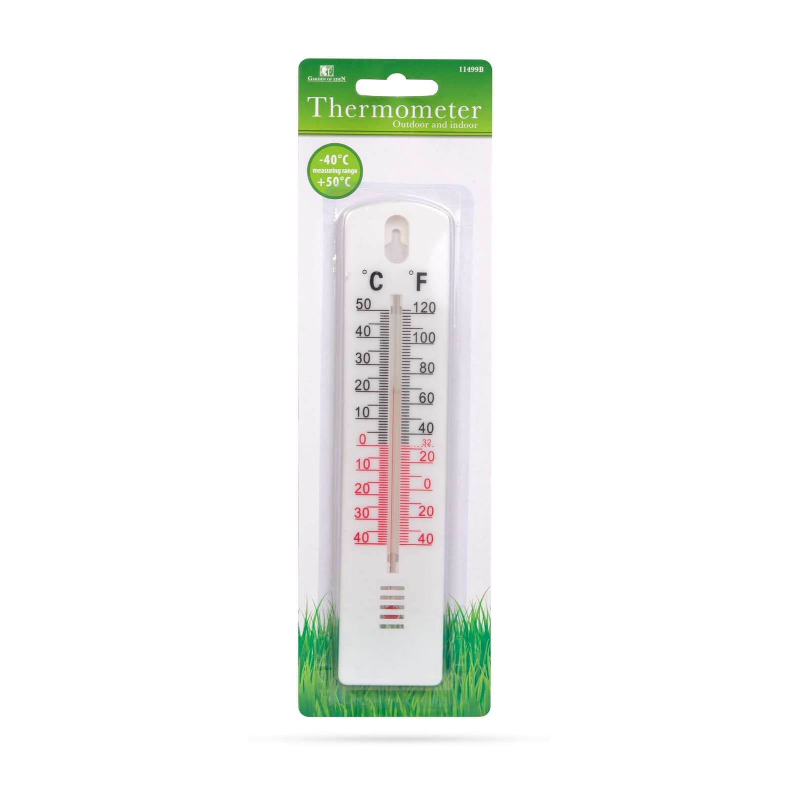 Fehér hőmérő Celsius és Fahrenheit skálákkal, fehér háttéren.