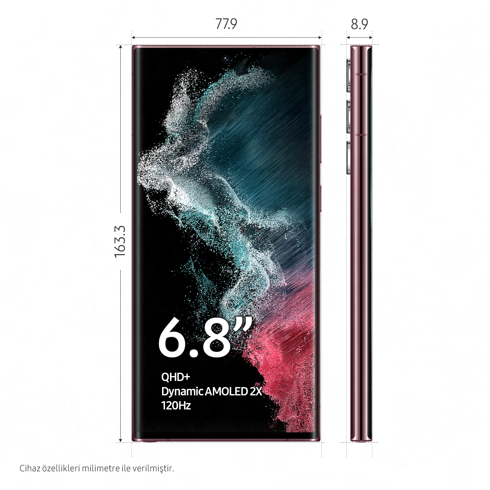Samsung Galaxy S22 Ultra, boyutlar gösteriliyor, 6,8" ekran.