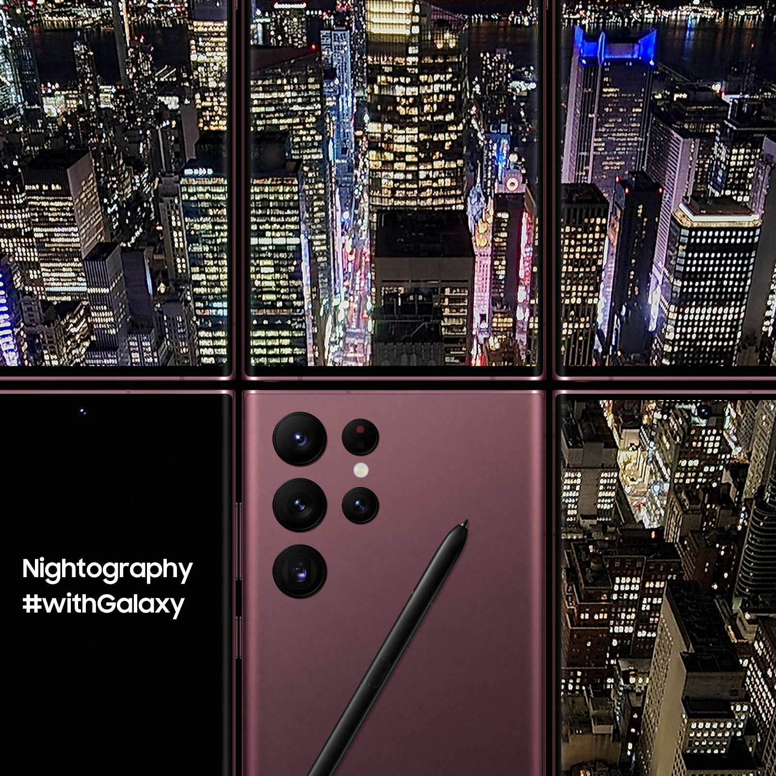 Bir telefon ve gece şehri, 'Nightography' metni ve #withGalaxy ile.