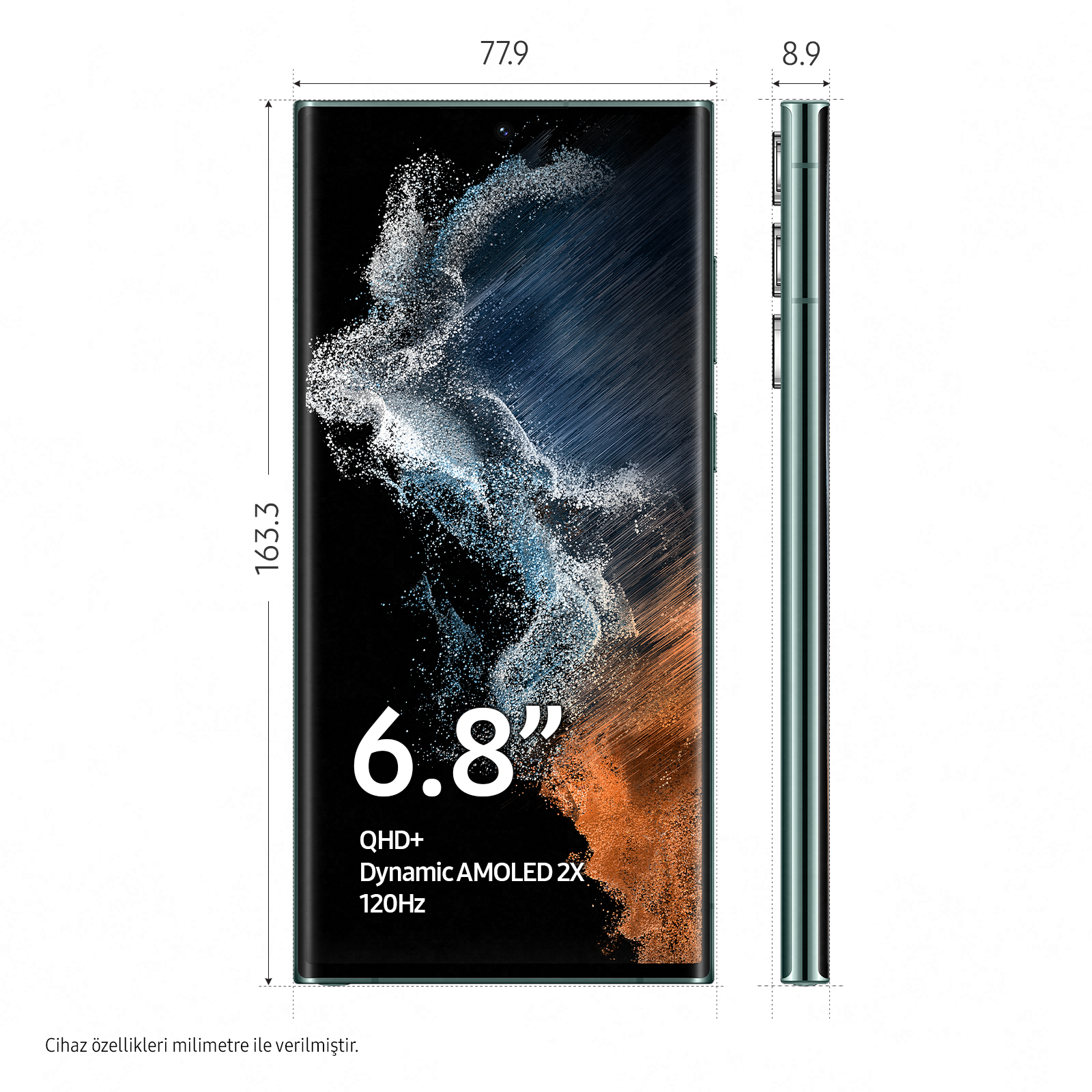 Yeşil akıllı telefon, boyutlar: 163,3 mm yükseklik, 77,9 mm genişlik ve 8,9 mm kalınlık. Ekran 6,8" ve özellikleri gösterir.