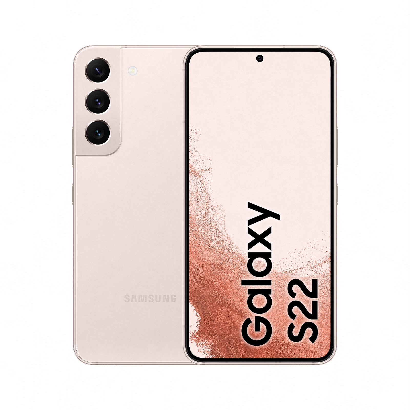 Açık pembe bir Samsung Galaxy S22 telefonu, telefonun arkasını ve Galaxy S22 logosunu gösteren ekranını gösteriyor.