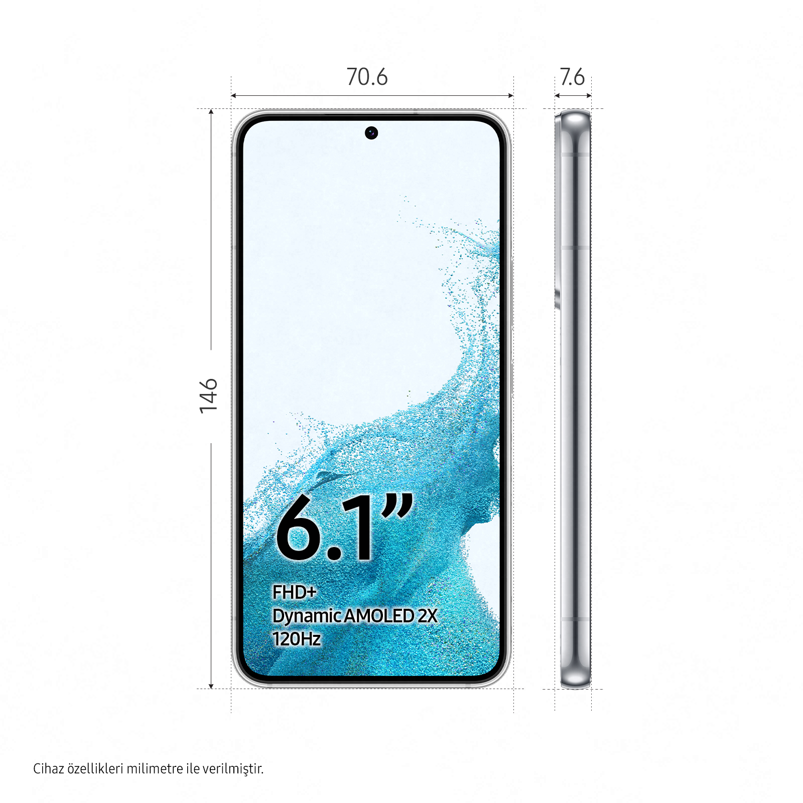 Bir akıllı telefon, beyaz ekran yukarı bakıyor, boyutlar gösteriliyor. 6.1" ekran boyutu ve telefon profili.