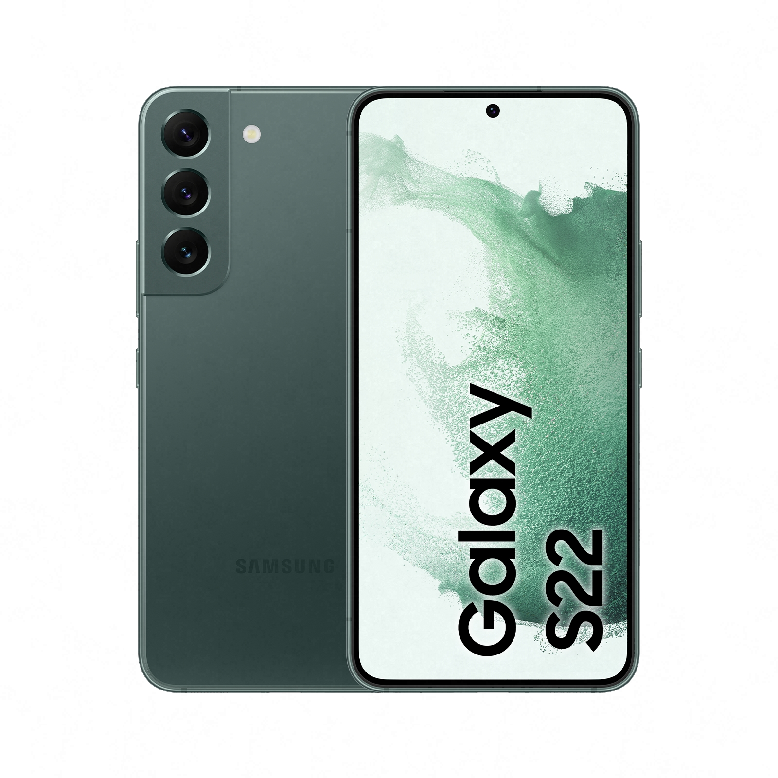 Arka tarafında üçlü kamerası ve ekranda 'Galaxy S22' yazısı bulunan yeşil akıllı telefon.