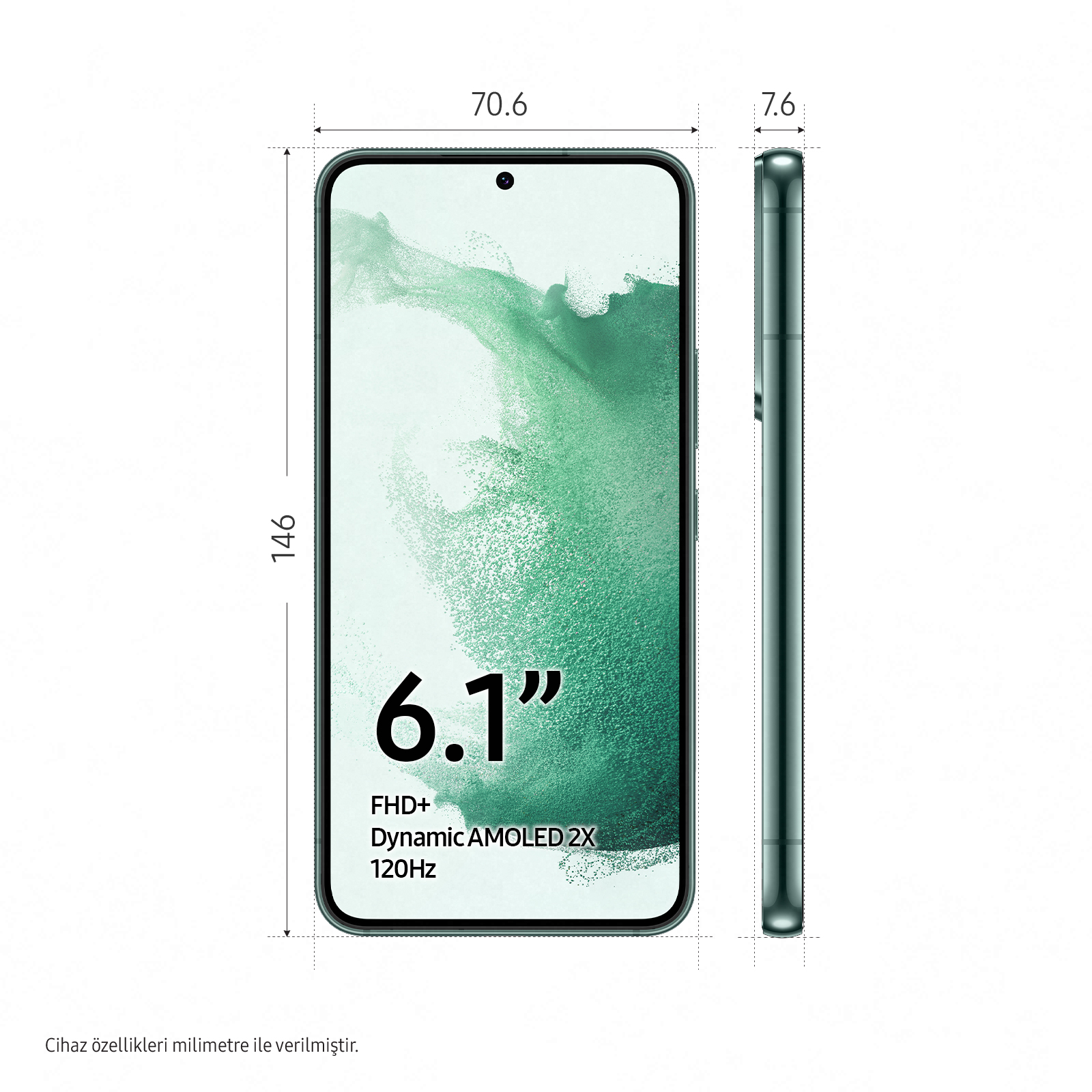 Yeşil Samsung Galaxy akıllı telefon, yan görünüm, boyutlar ve ekran bilgisi.