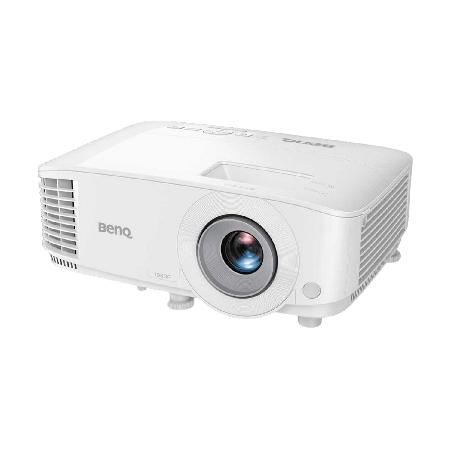 Proyector BenQ blanco con lente y ventilación, vista en ángulo, aislado sobre fondo blanco.
