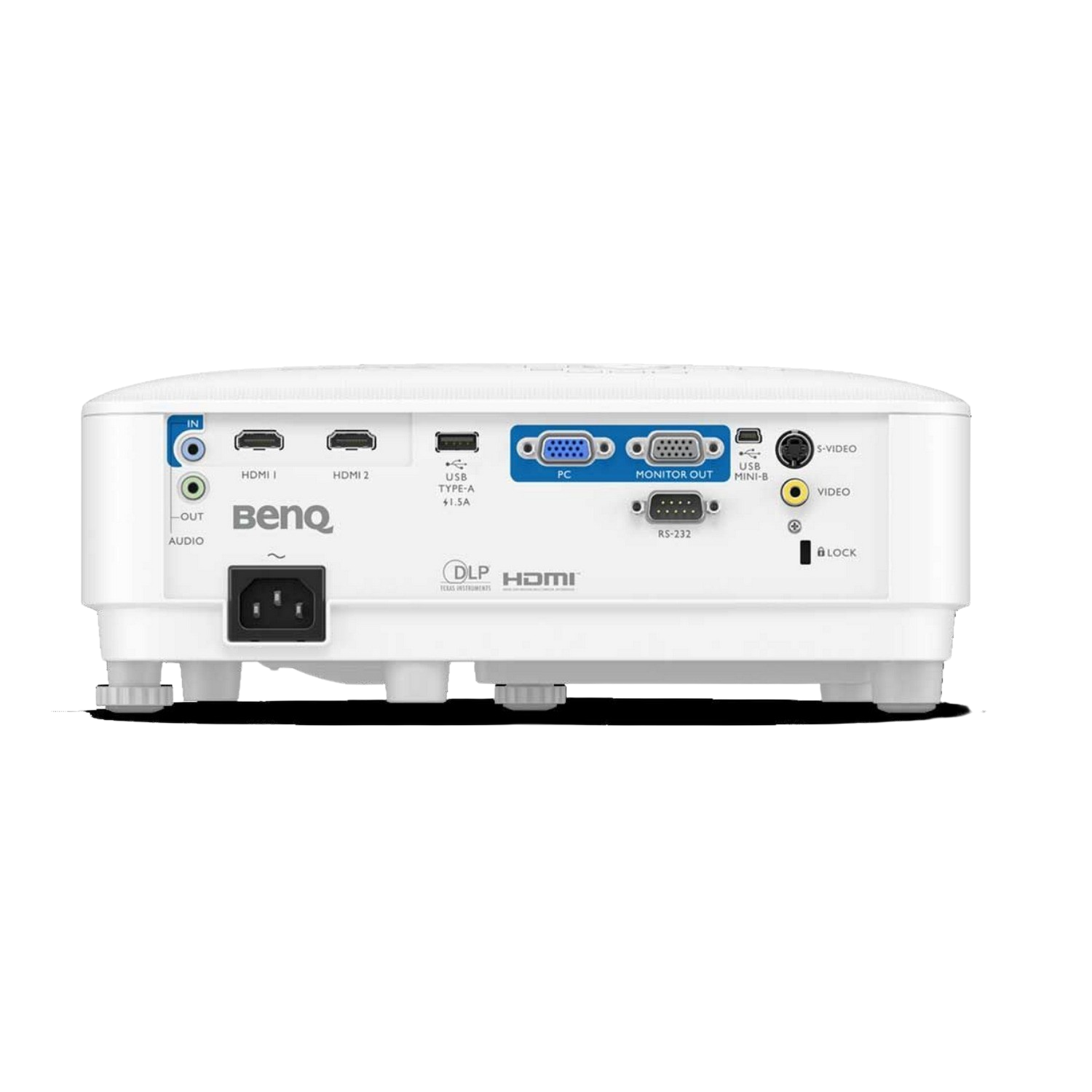 Proyector blanco con puertos HDMI, entrada de alimentación y otras opciones de conexión, sobre una superficie blanca.