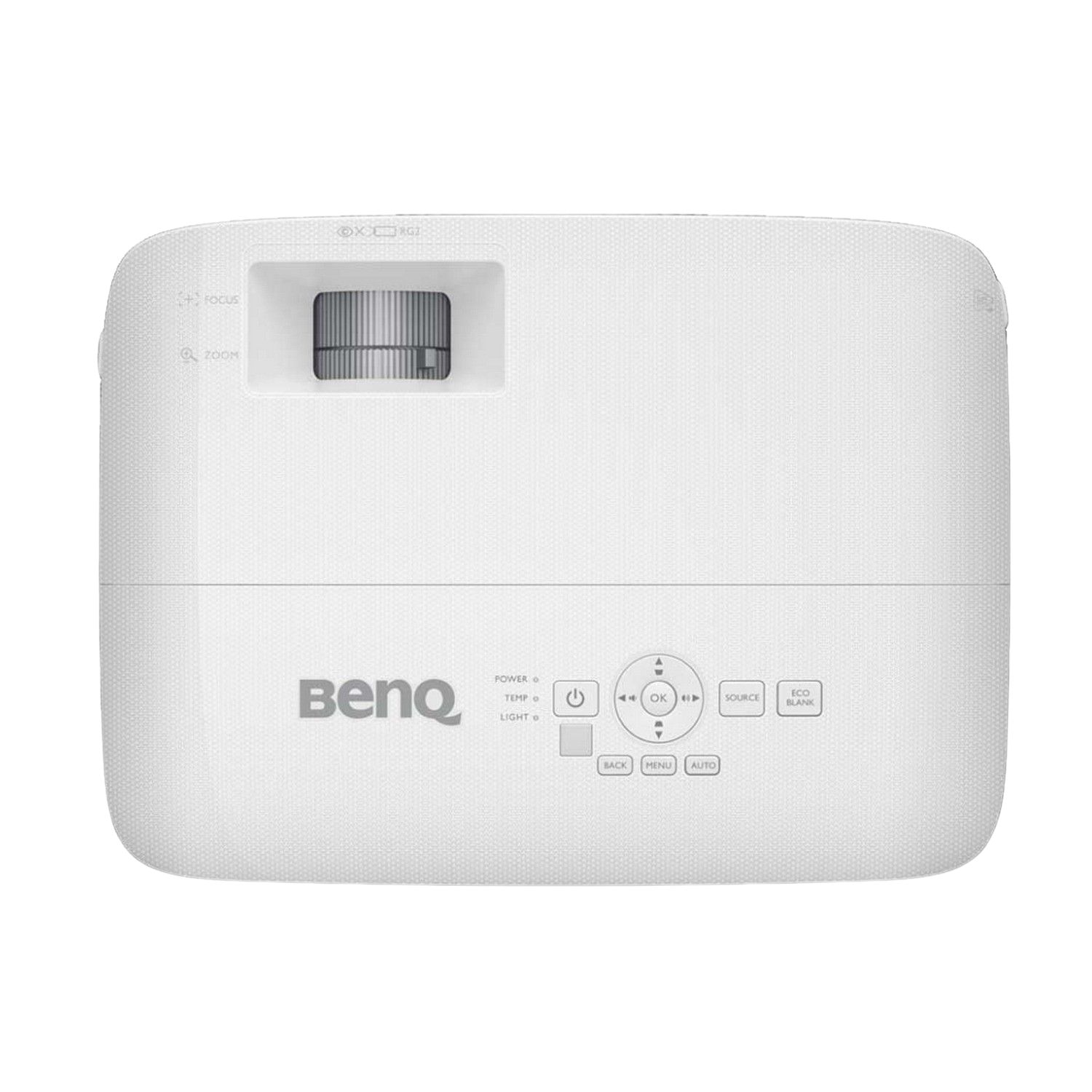 Proyector BenQ blanco, vista superior, con botones etiquetados.