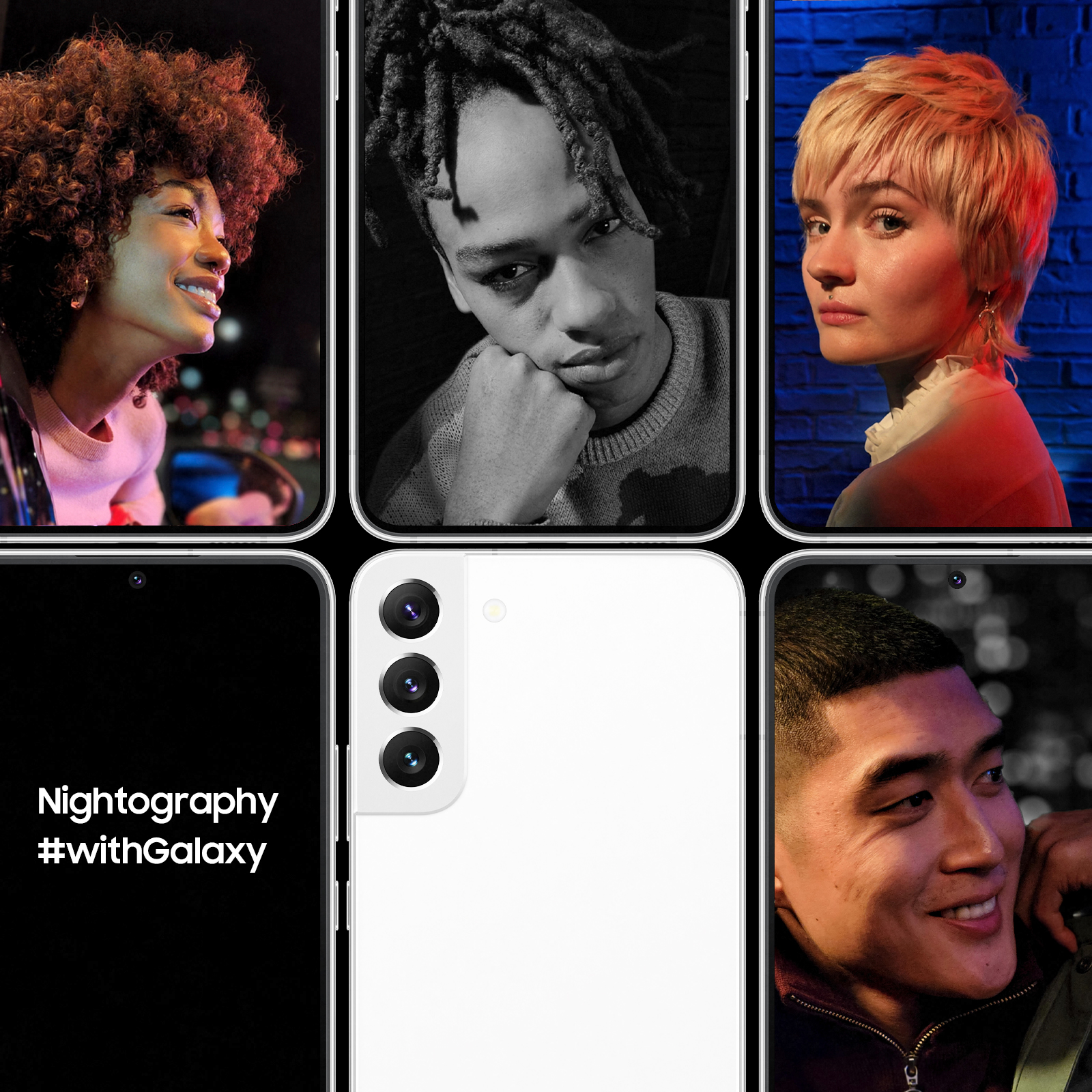 Telefonlu kişilerin kolajı; metin: Nightography #withGalaxy.
