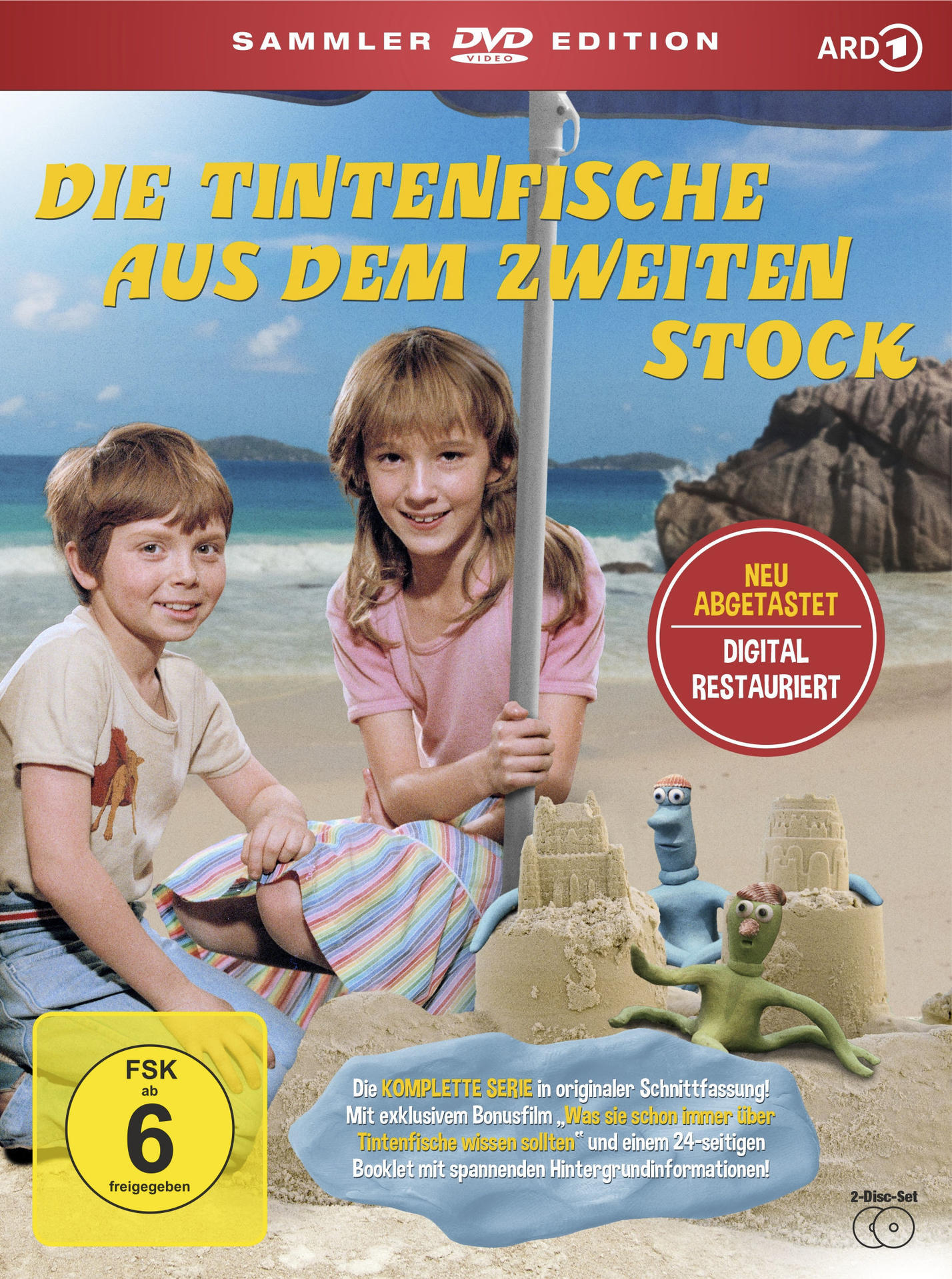 DVD-Cover eines Films mit zwei Kindern, Strand und Sandskulpturen.