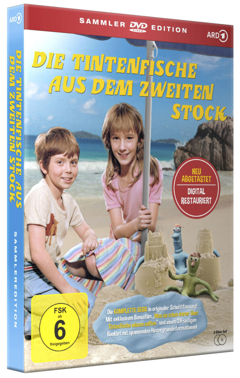 DVD-Cover: Zwei Kinder am Strand neben Sandburgen. Der Titel lautet 'Die Tintenfische aus dem zweiten Stock'.