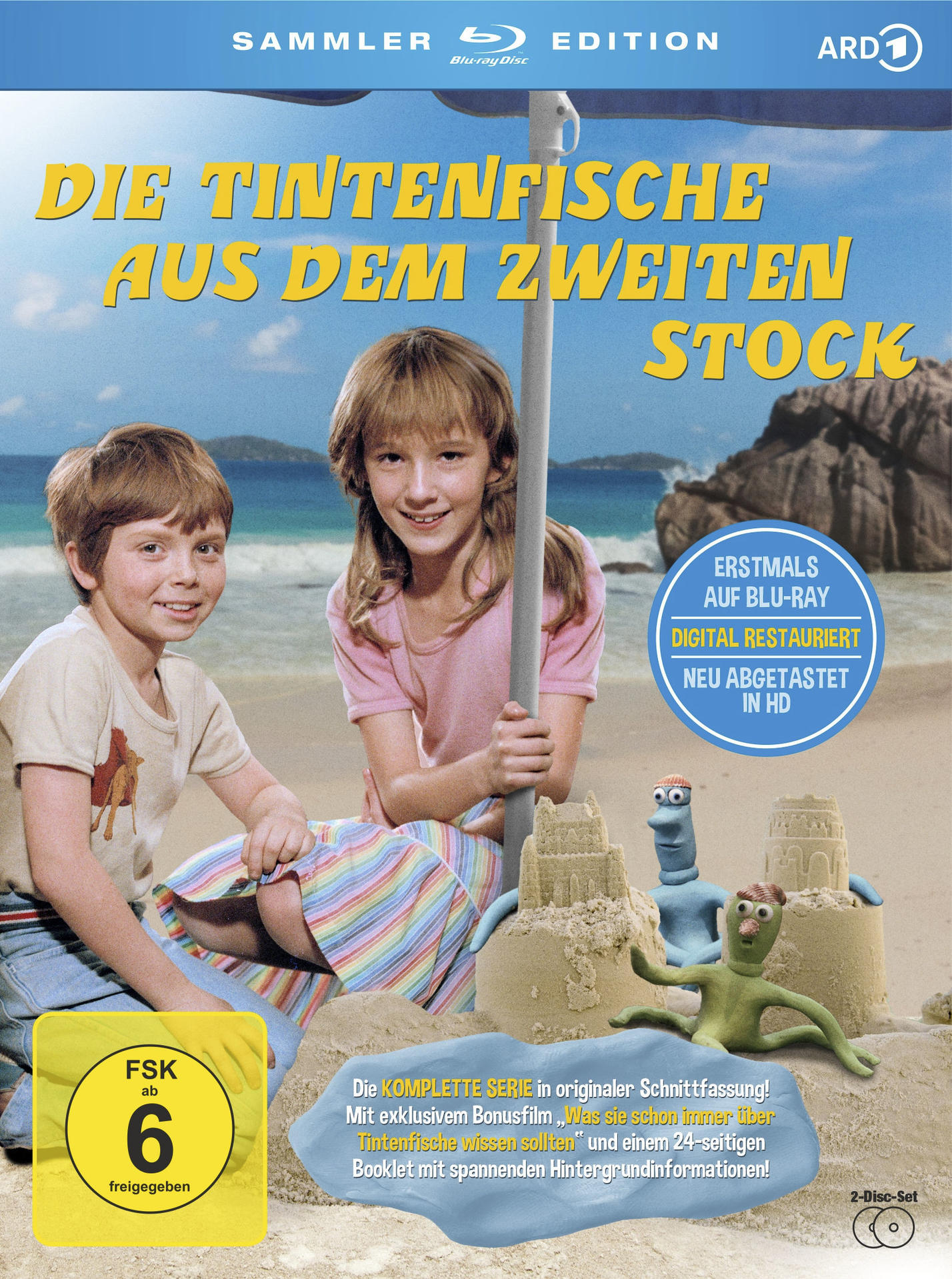 DVD-Cover mit zwei Kindern und einer Strandszene. Der Text lautet "Die Tintenfische aus dem zweiten Stock".