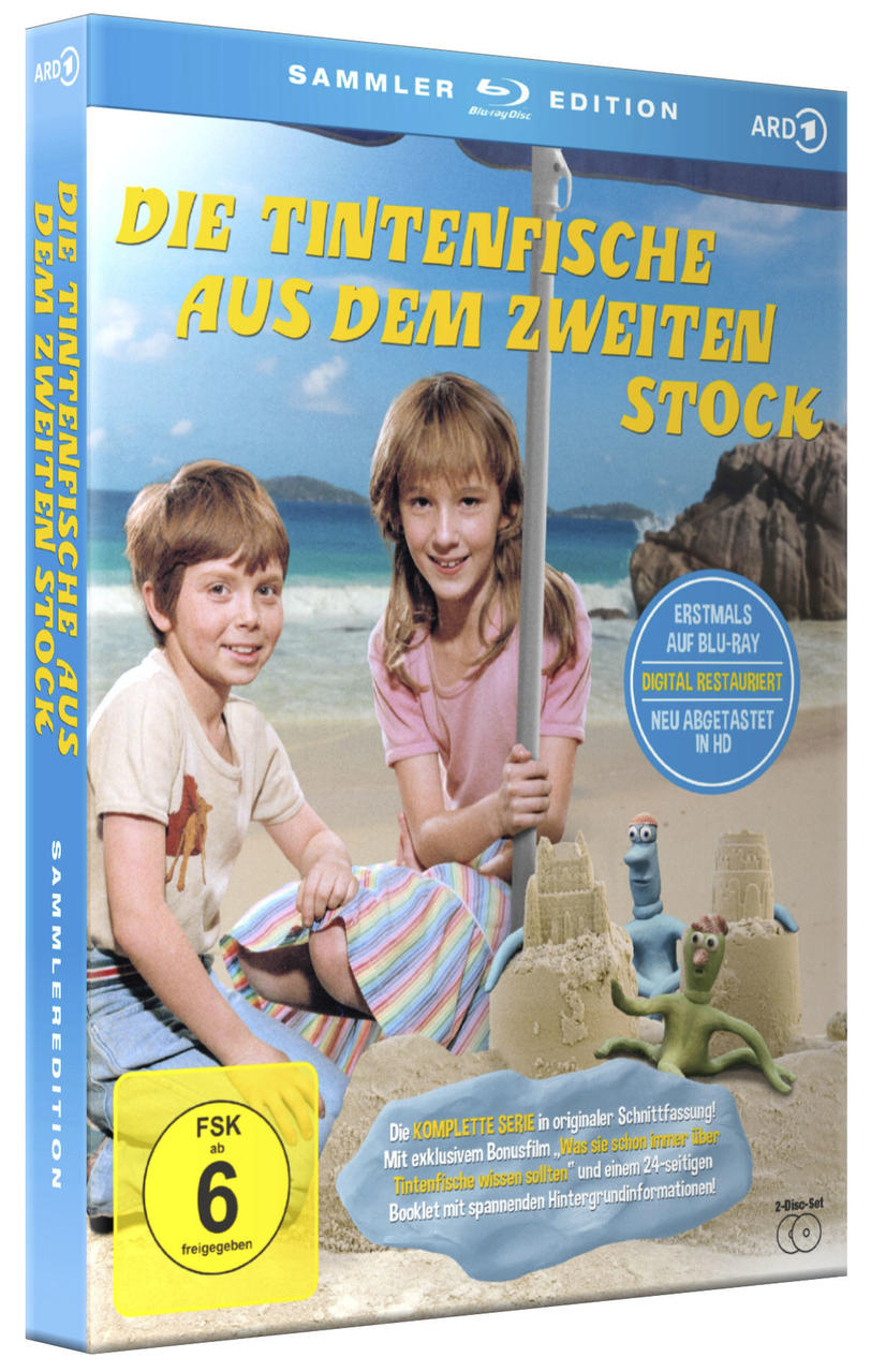 DVD-Cover: Zwei Kinder am Strand mit Sandburgen. Der Titel ist gelb: Die Tintenfische.