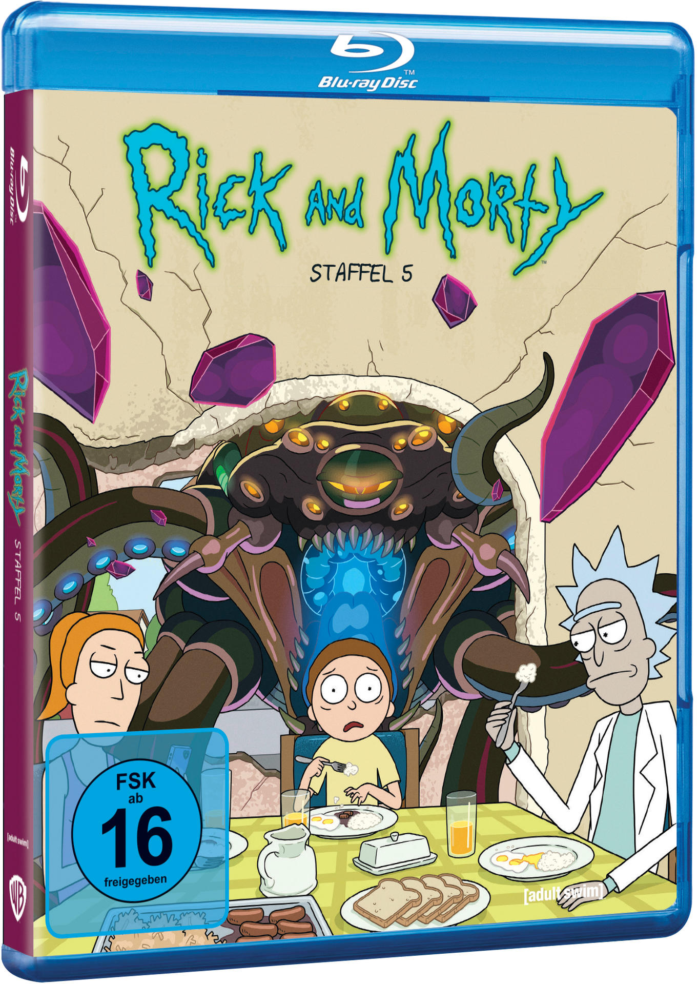 Blu-ray-Disc-Hülle von 'Rick and Morty' Staffel 5 mit Charakteren und einem Monster. Deutscher Text ist enthalten.