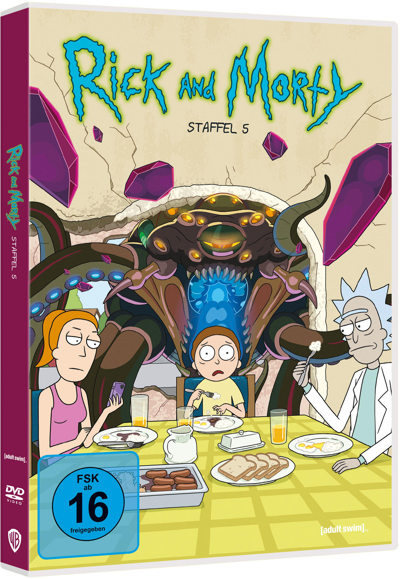 DVD-Hülle von Rick and Morty Staffel 5, mit Charakteren an einem Tisch.