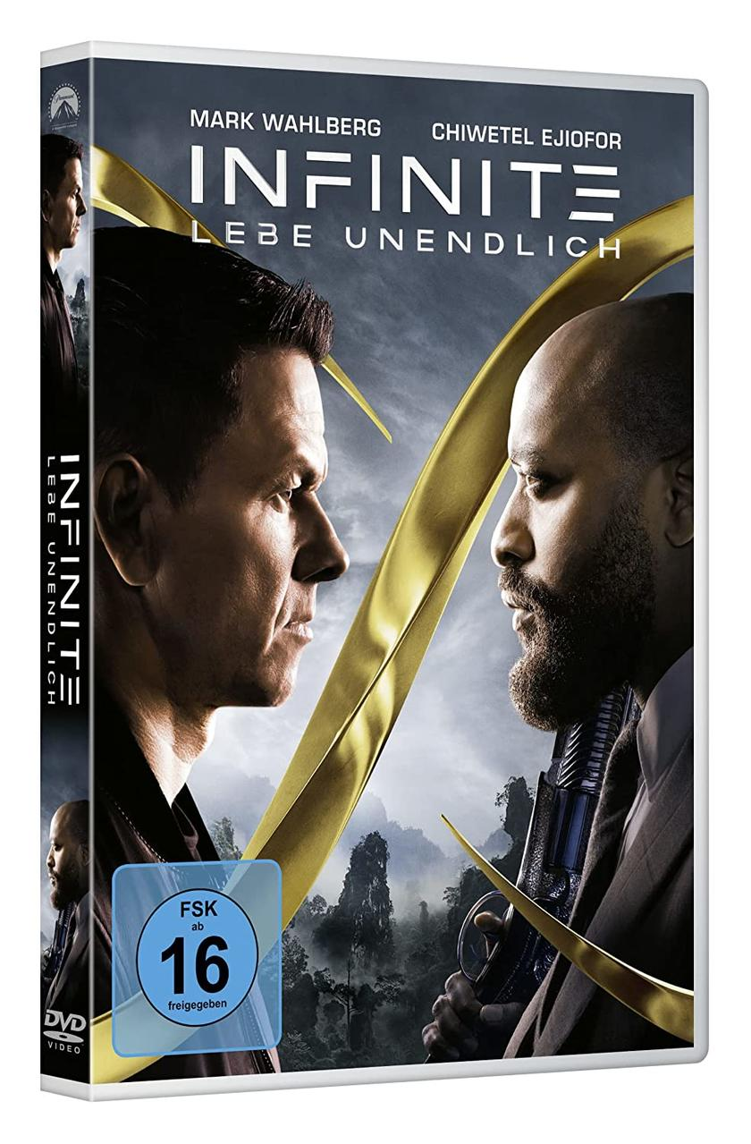 Filmcover mit Mark Wahlberg und Chiwetel Ejiofor, Titel „Infinite“. Blu-ray-Hülle.
