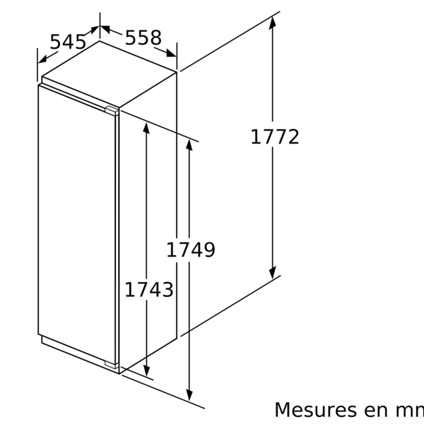 Réfrigérateur blanc avec dimensions marquées.