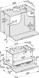 Diagramm mit einer technischen Zeichnung eines Geräts mit Abmessungen und Beschriftungen.