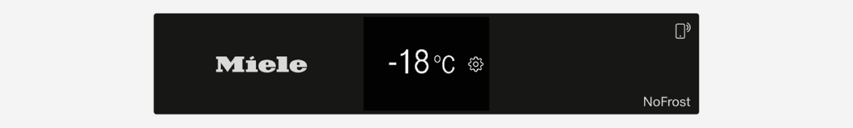 Schwarzes Kühlschrankdisplay mit Miele-Logo, Temperatur -18°C und NoFrost-Text.
