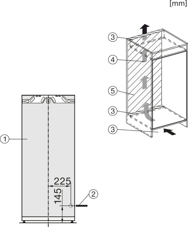 Diagramm, das die Innenteile des Ofens mit Pfeilen zeigt.
