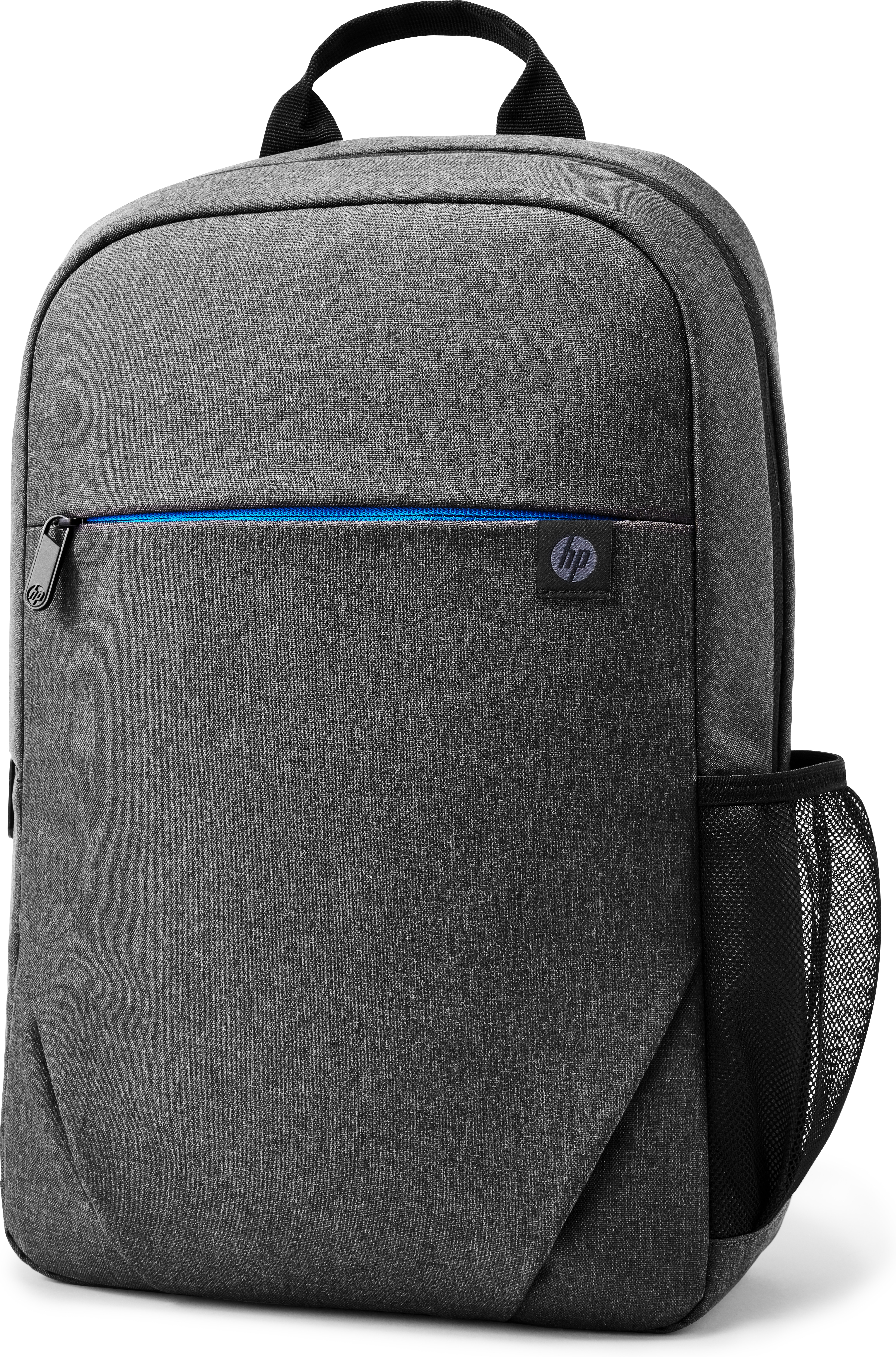 Una mochila gris HP con asa negra, cremallera azul y bolsillo lateral negro sobre un fondo blanco.