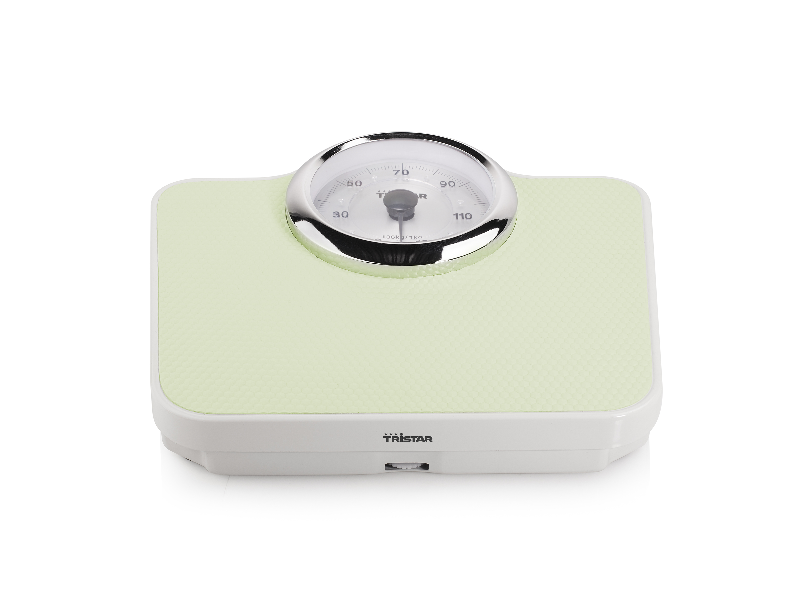Pèse-personne vert et blanc, avec un bord argenté autour du cadran.