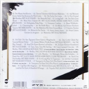 Rückseite einer CD mit einer Liste von Liedern auf Deutsch und einem schwarzen Strich.