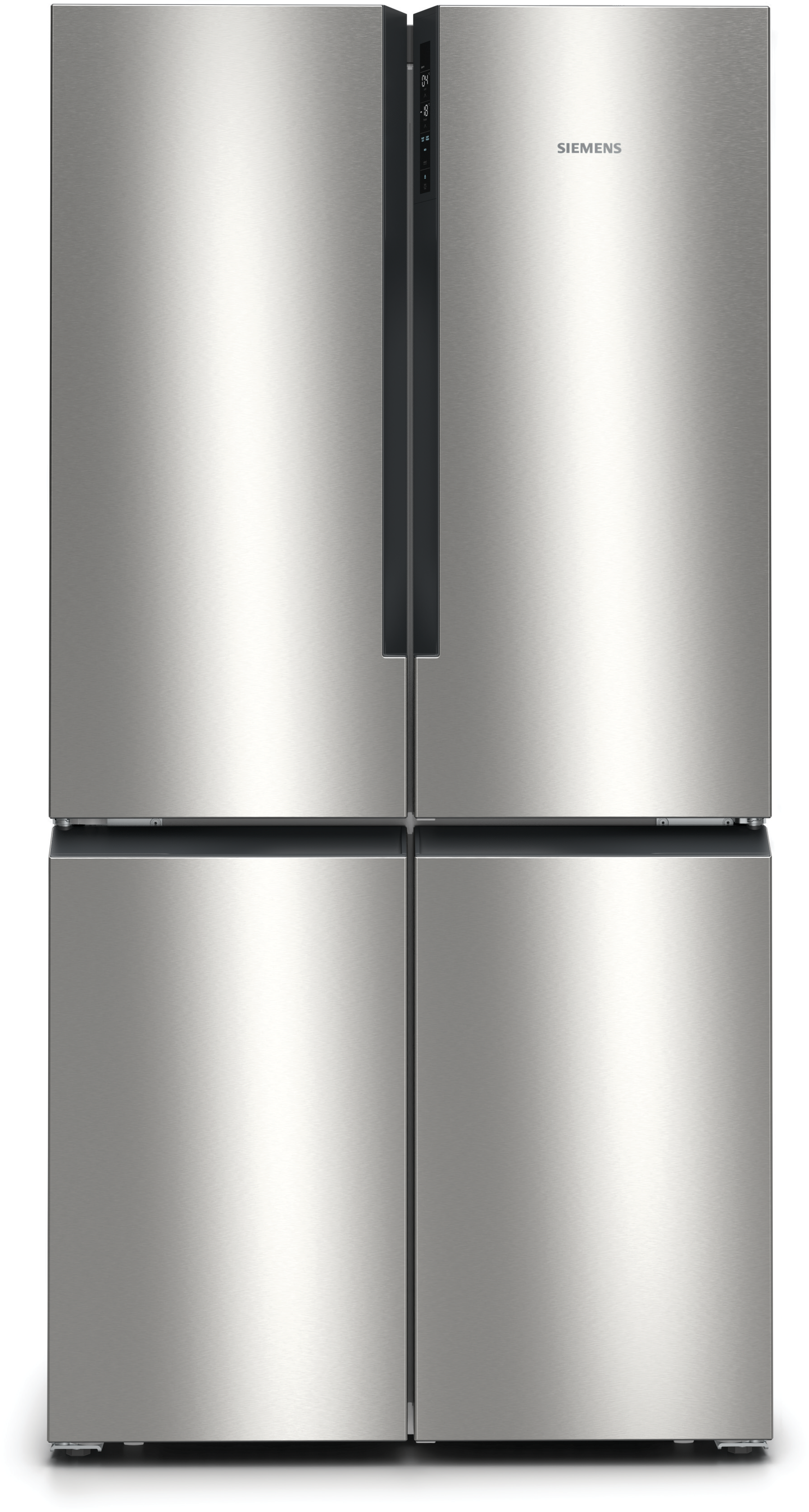 Edelstahlkühlschrank mit vier Türen, Siemens-Marke, sauberes und modernes Design.