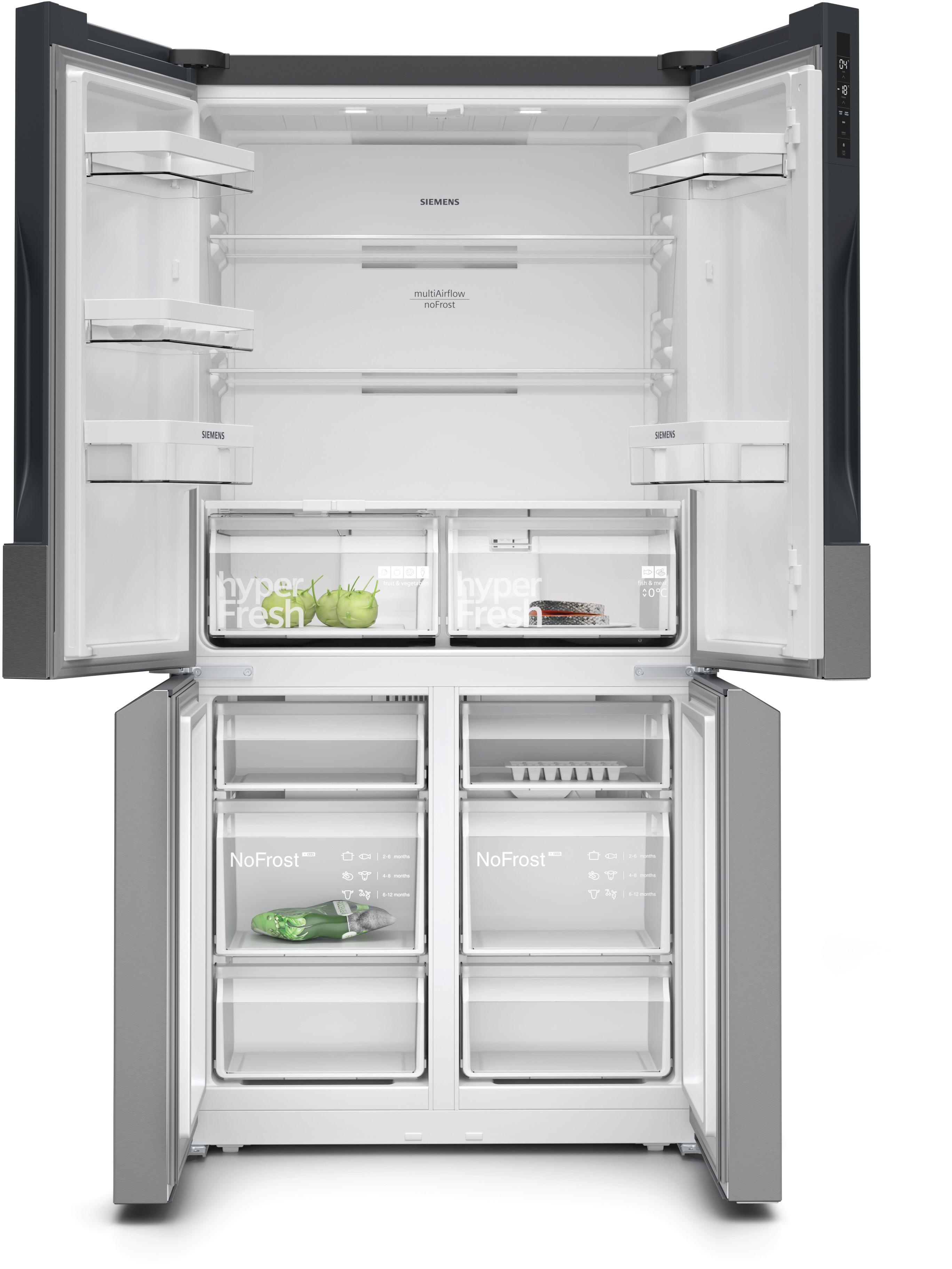 Ein offener Kühlschrank mit Regalen und Produkten im Inneren.