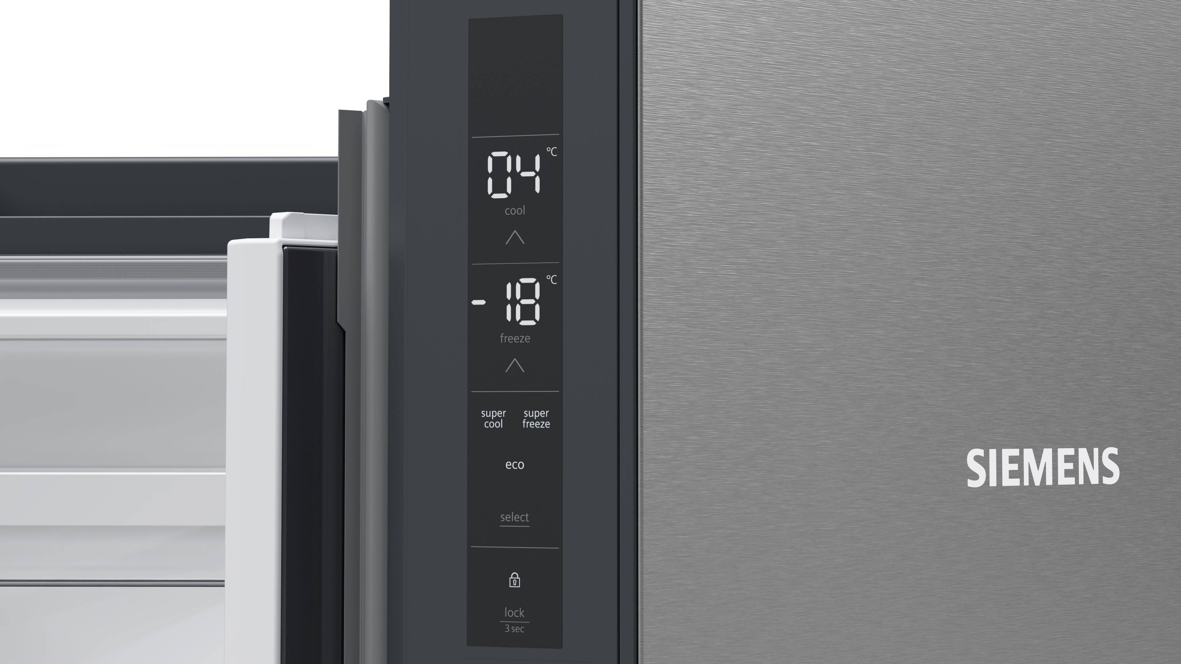 Nahaufnahme eines Kühlschrank-Bedienfelds. Zeigt Temperatur und Bedientasten.