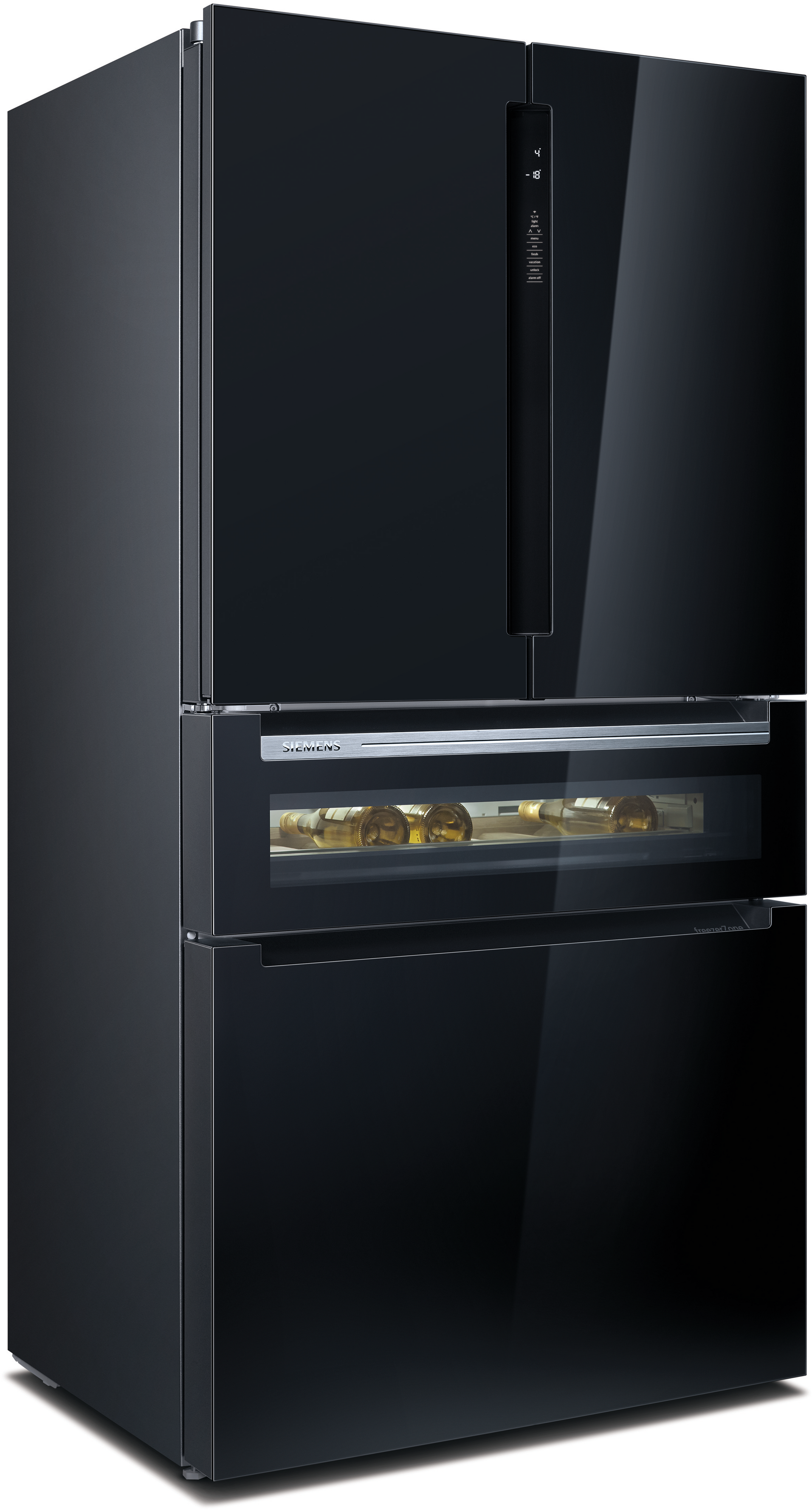 Ein schwarzer Kühlschrank mit drei Türen.