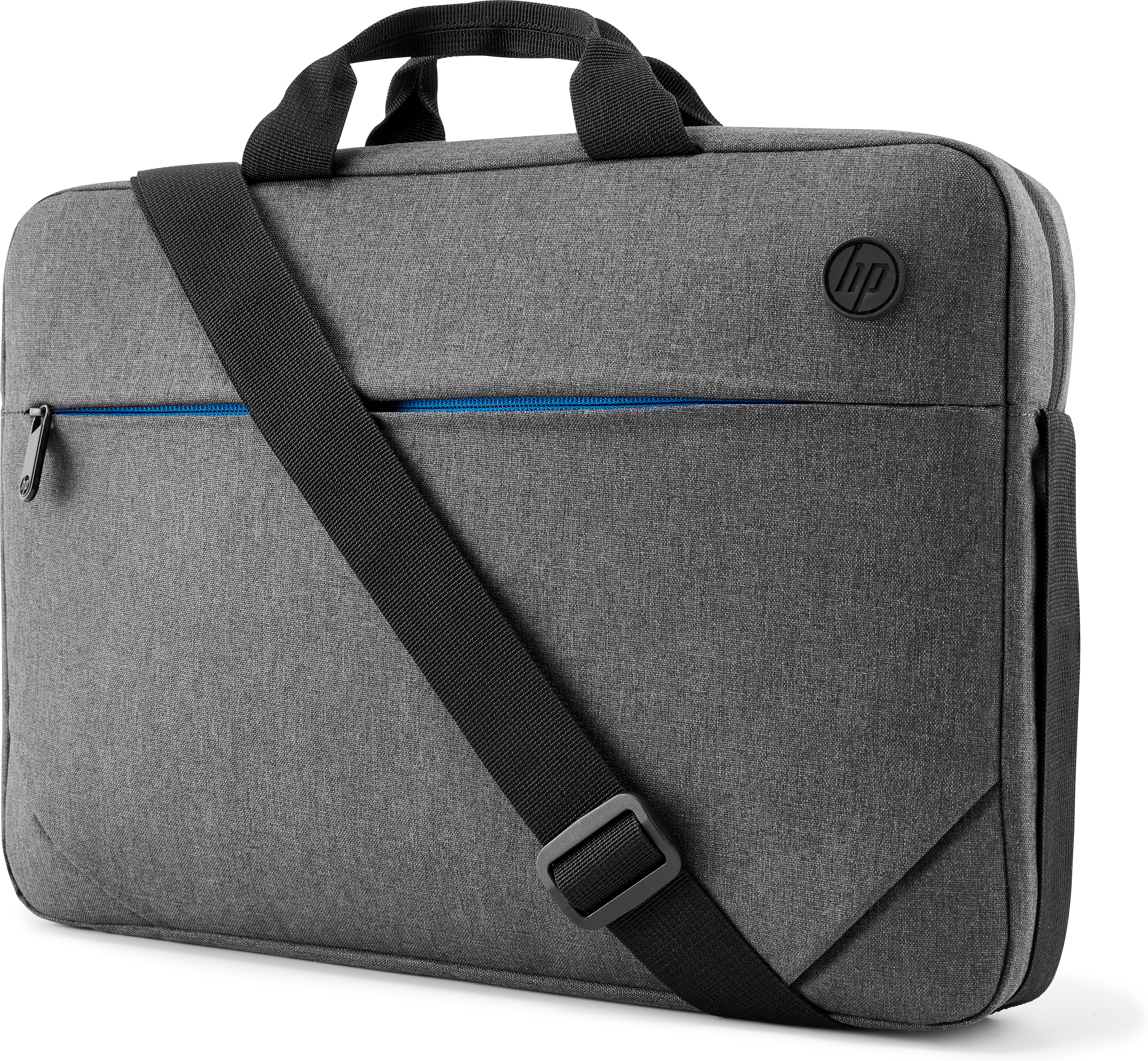 Eine graue HP Laptoptasche mit schwarzem Griff, Riemen und blauem Reißverschlussdetail, mit HP-Logo.