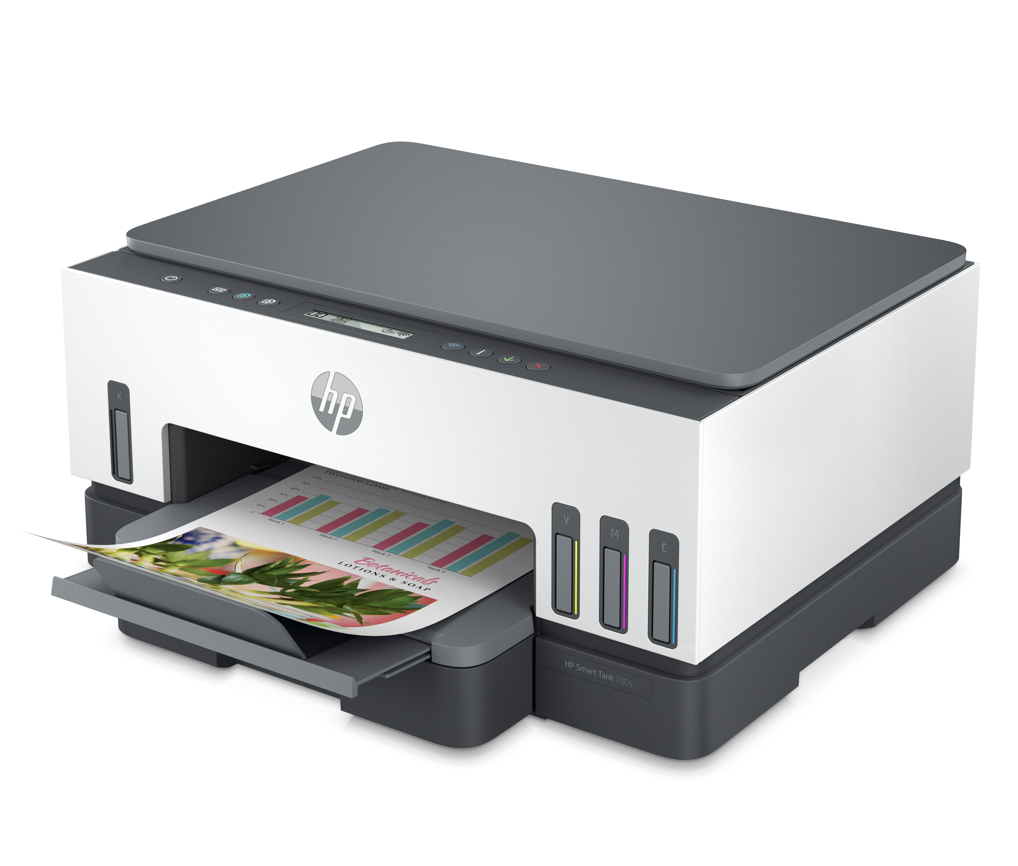Una stampante HP con corpo bianco e parte superiore grigia. Sta stampando un documento colorato su sfondo bianco.