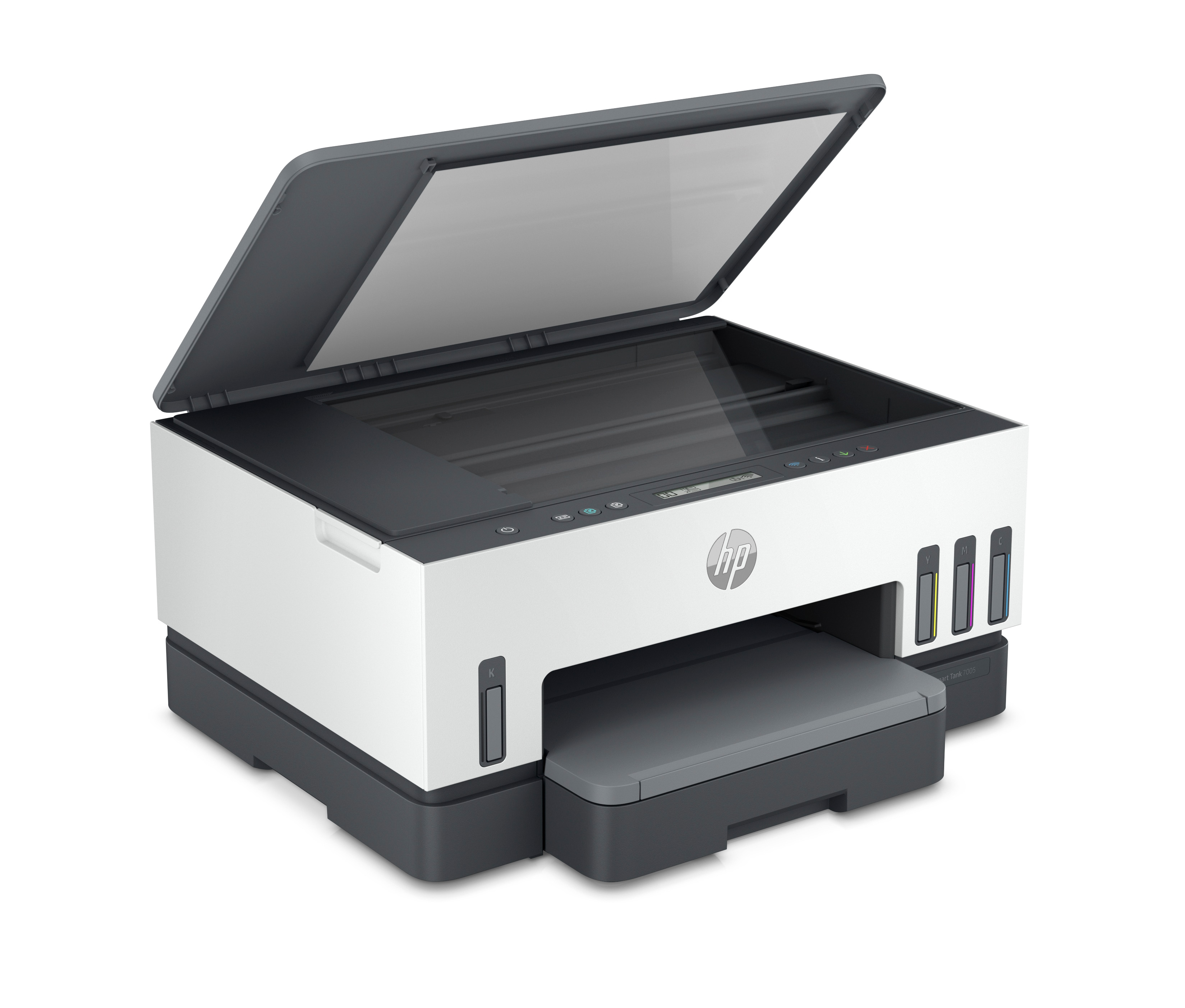 Una stampante HP con la parte superiore aperta, che mostra lo scanner e le cartucce d'inchiostro.