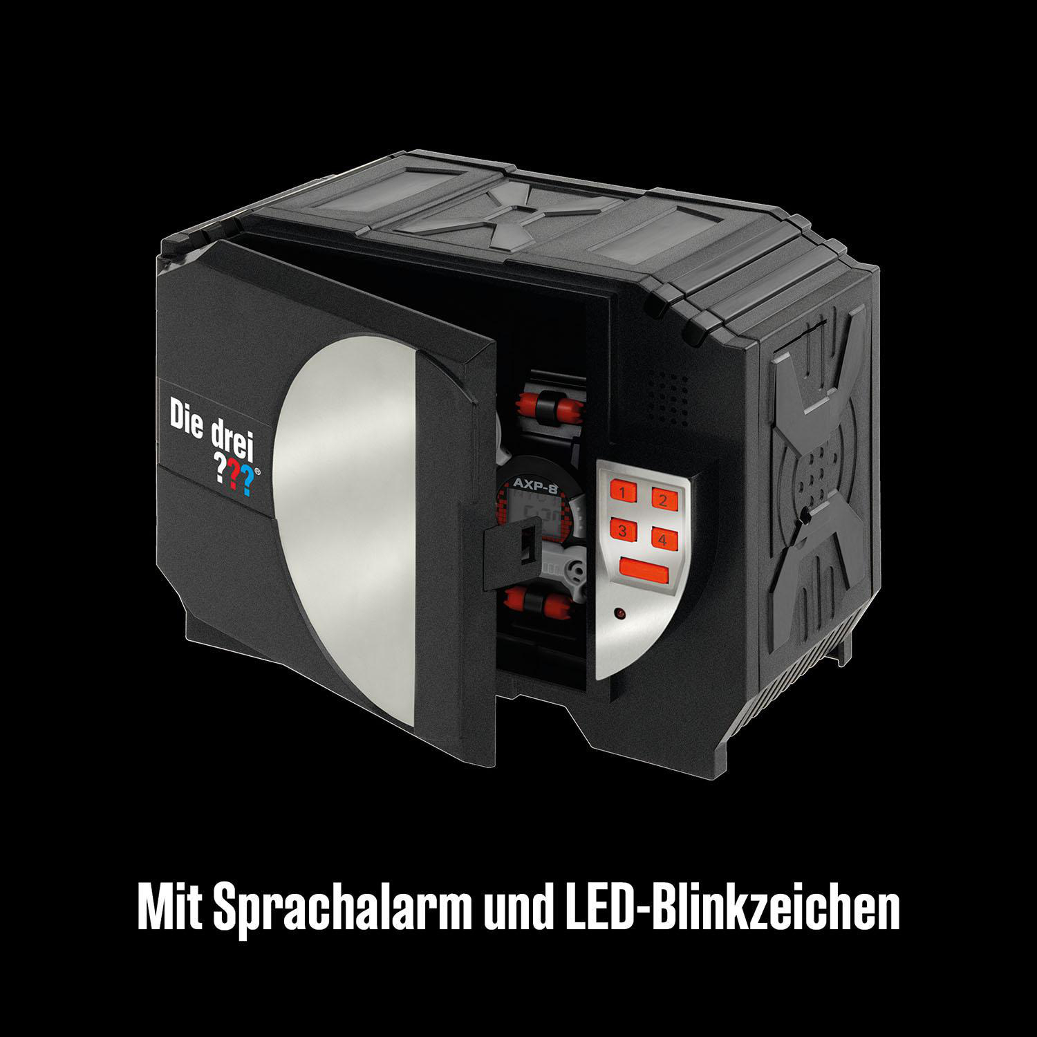 Schwarze, offene Box mit silberner Tür. Rote Knöpfe und Zahlen sichtbar.