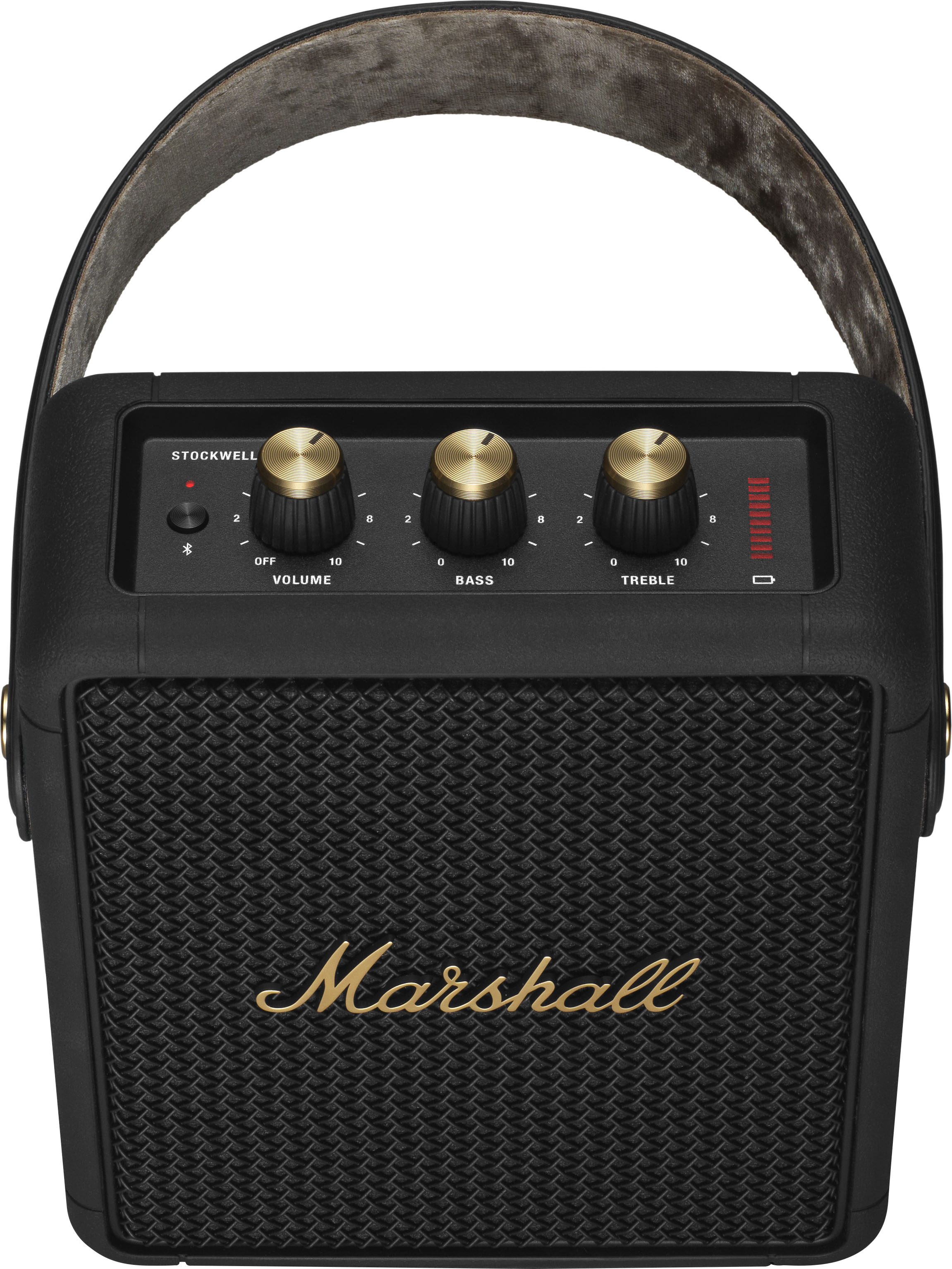 Haut-parleur noir Marshall Stockwell II avec boutons dorés, poignée et logo Marshall.