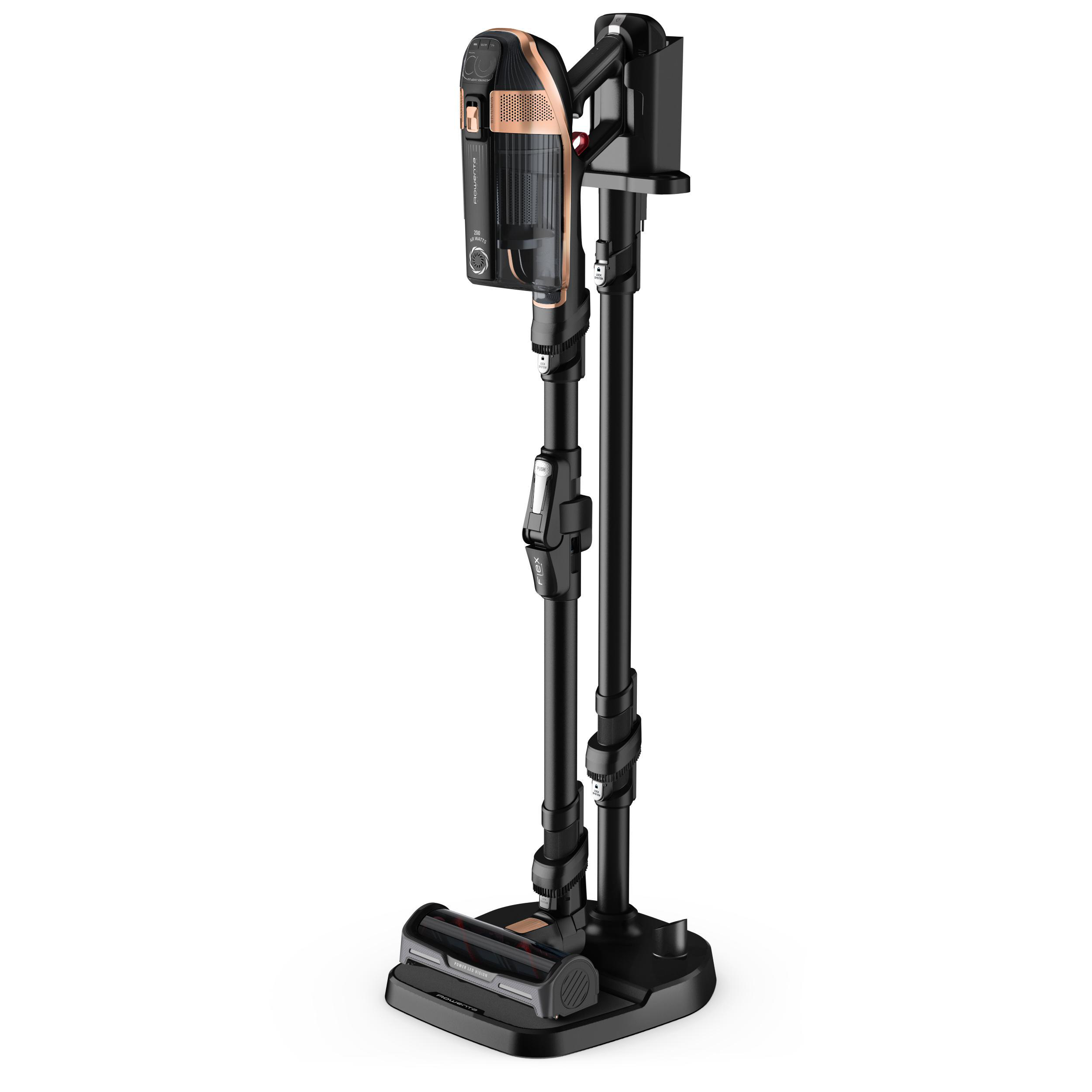 Ein kabelloser Staubsauger in Schwarz und Bronze mit Ladestation.