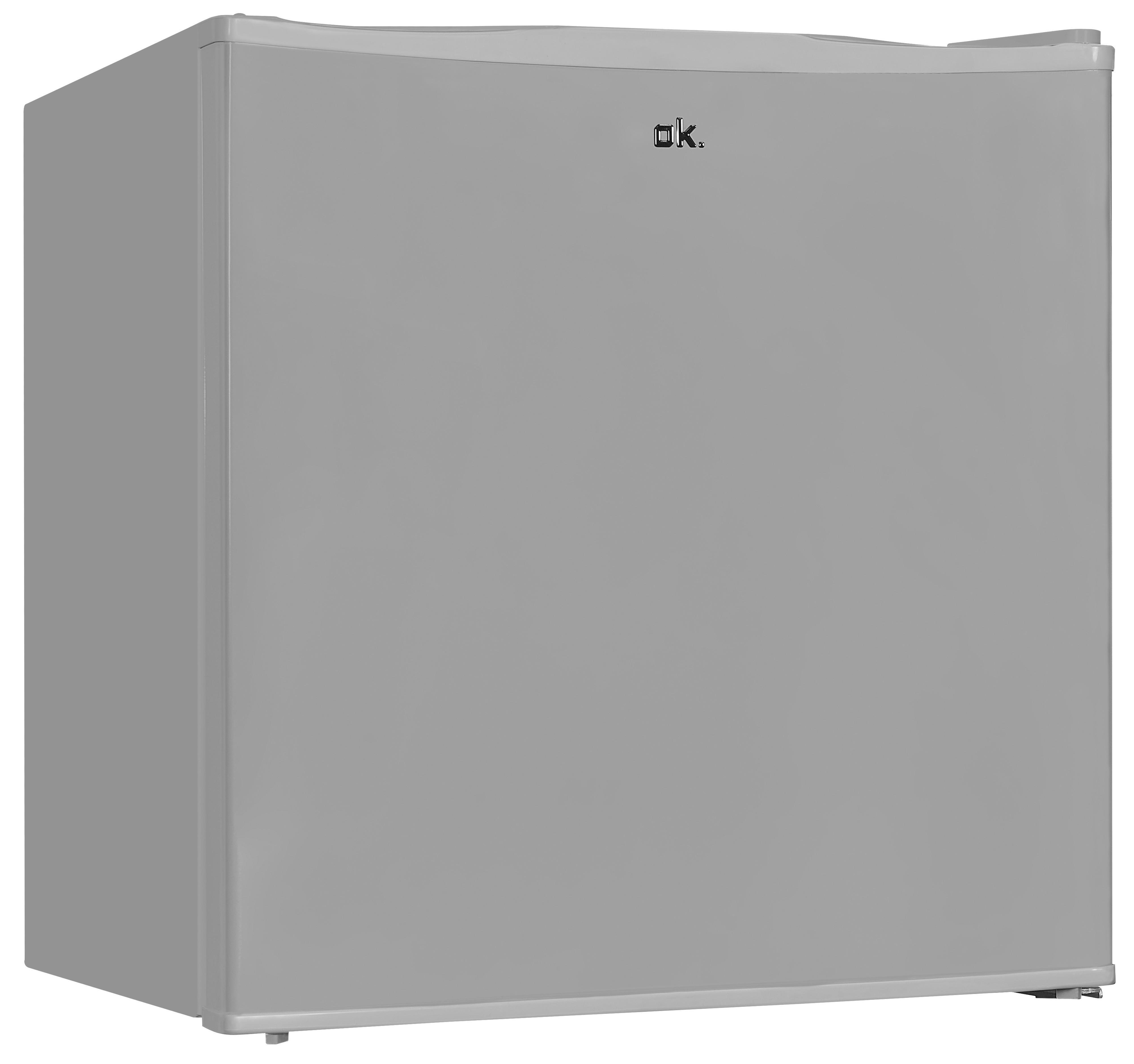 Kleiner, grauer Minikühlschrank mit einer einzigen Tür. Das Logo 'ok' ist sichtbar.