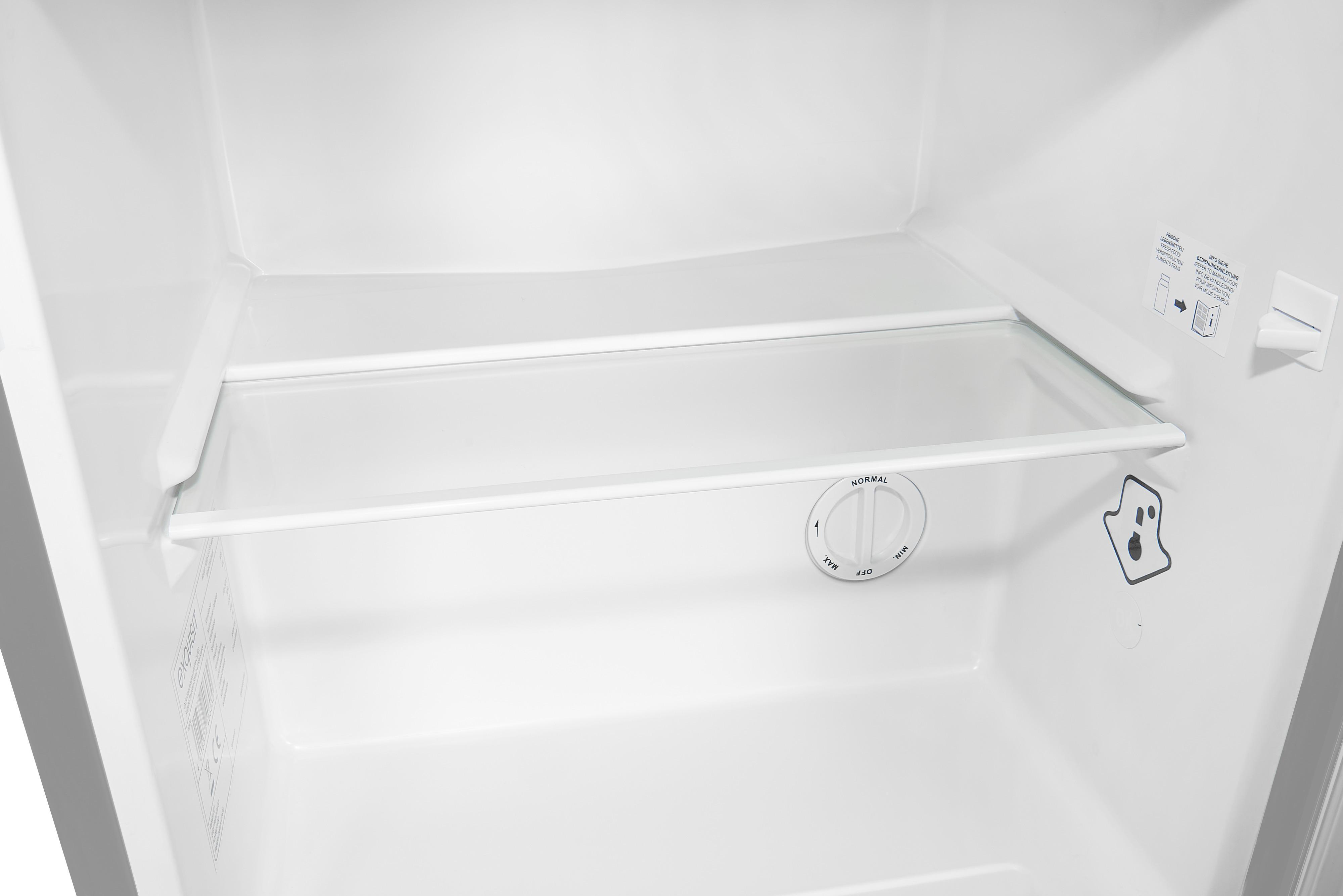 Innerhalb eines Kühlschranks. Glasregal und weißes Interieur. Normal/Aus-Steuerwahl sichtbar.