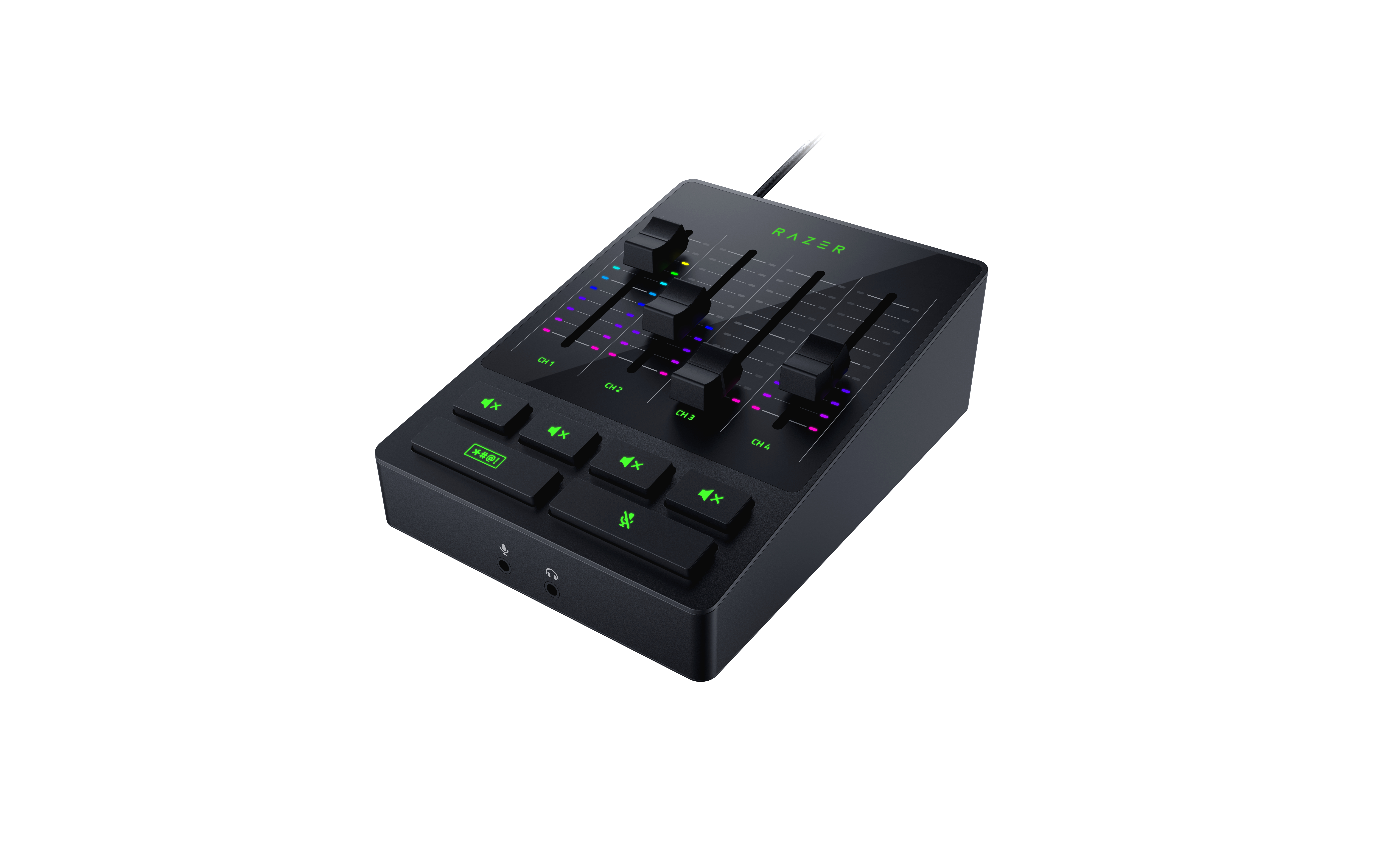 Schwarzer Razer Audio-Mixer mit Schiebereglern und Tasten.