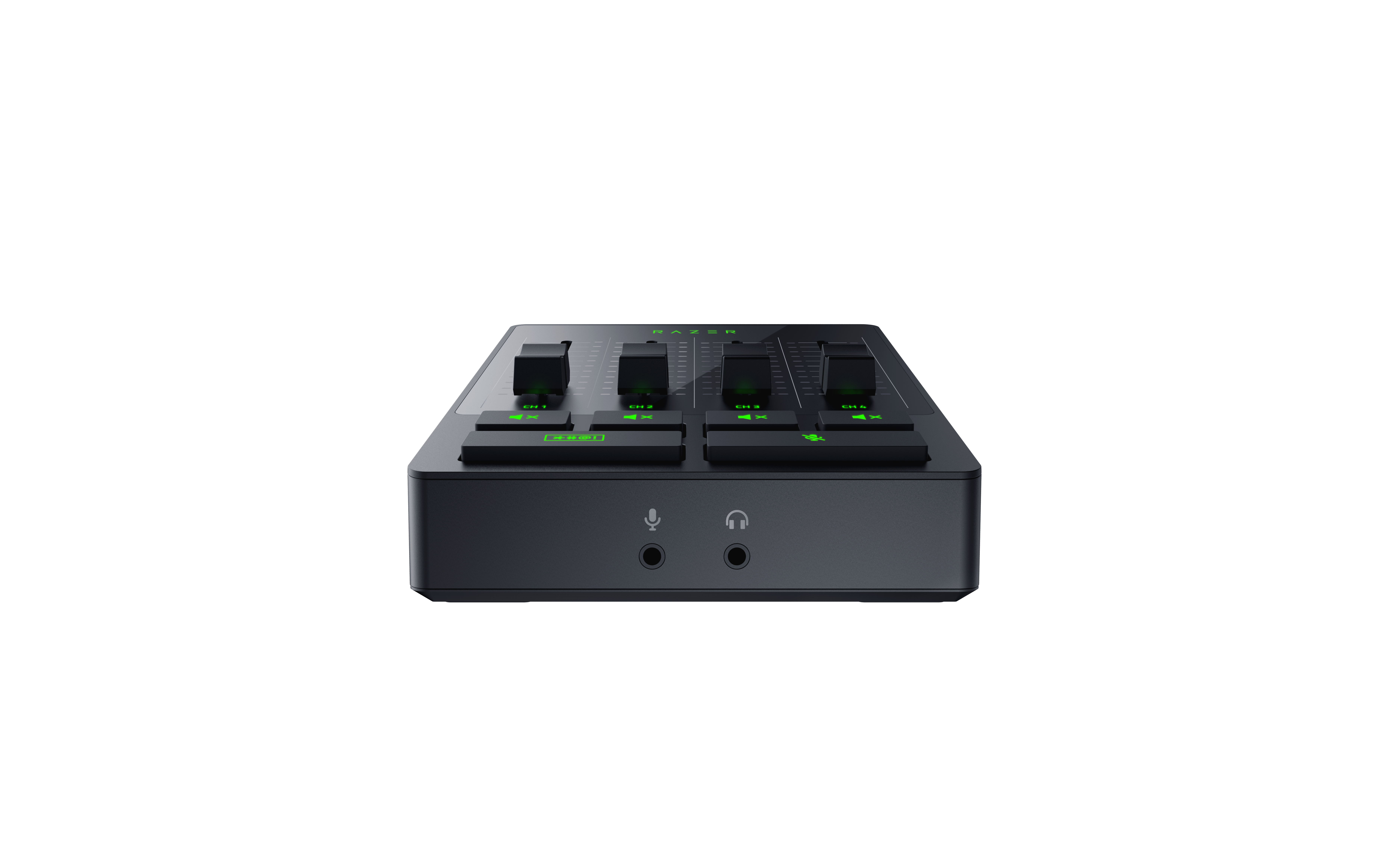 Schwarzer Razer Audio-Mixer. Hat Fader, Tasten und Anschlüsse. Weißer Hintergrund.