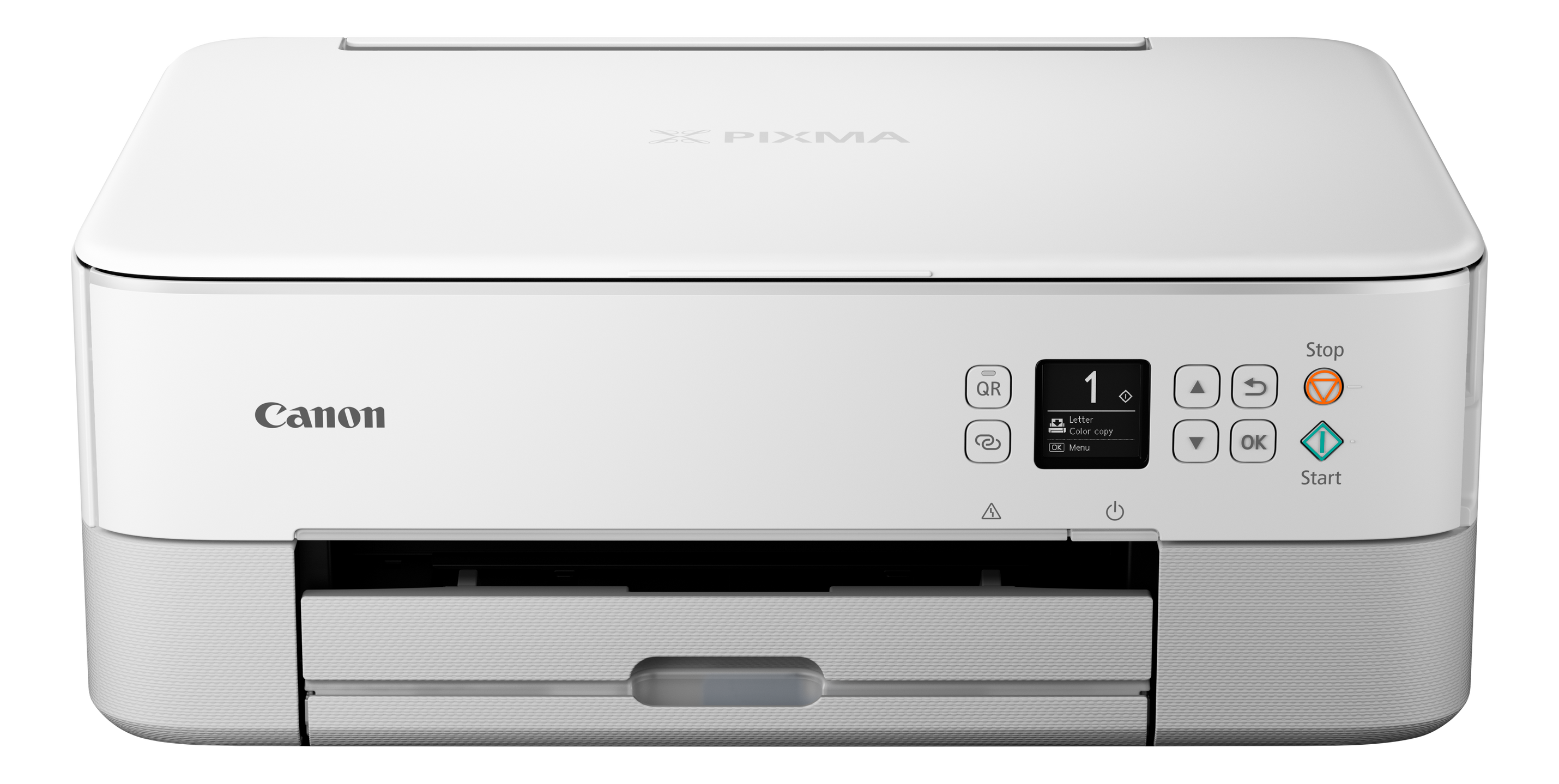 Weißer Canon-Drucker, Frontansicht, mit Farbbildschirm und Tasten.