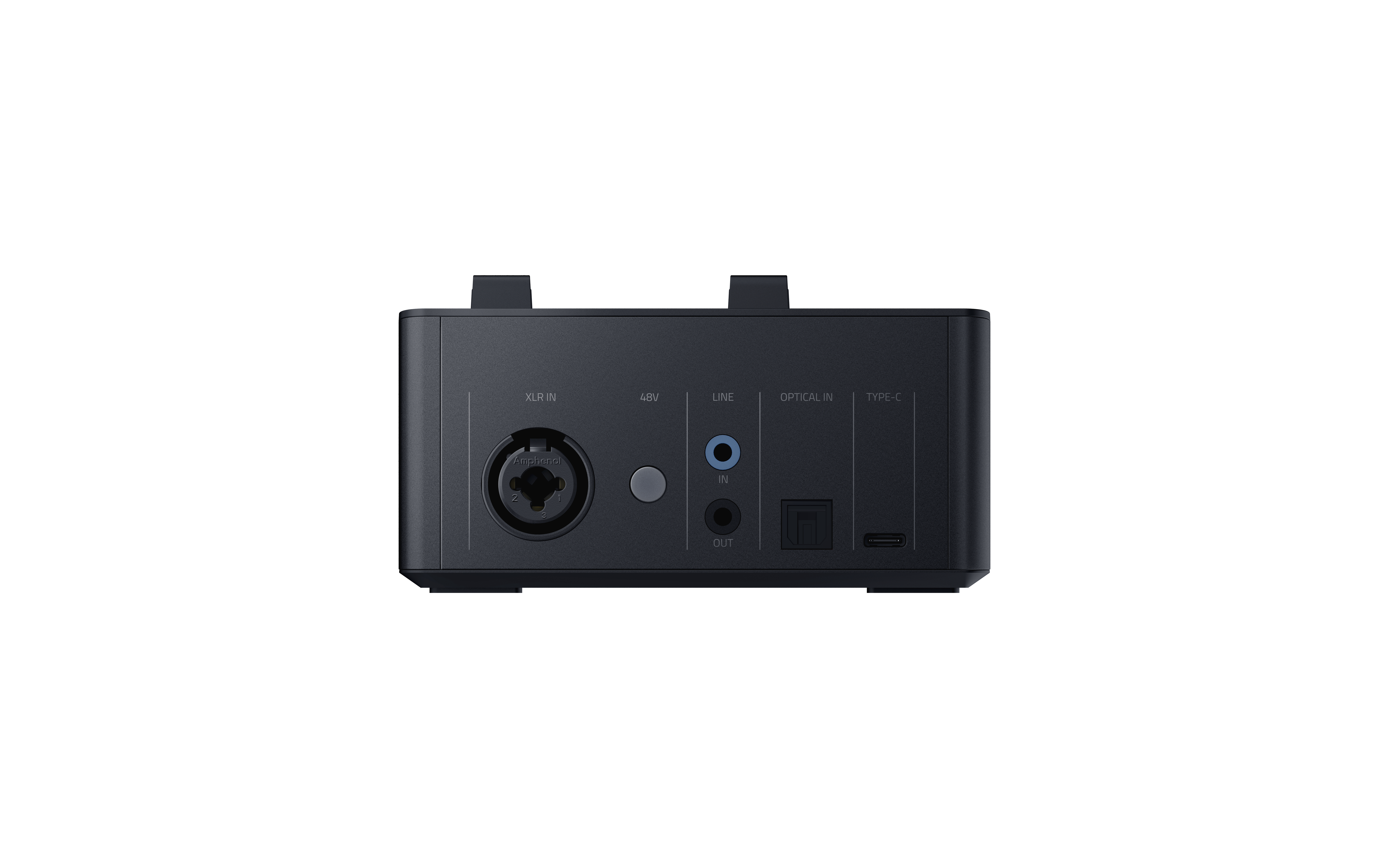 Schwarzes Audio-Interface-Gerät mit verschiedenen Eingangs- und Ausgangsanschlüssen, einschließlich XLR, Line und USB.