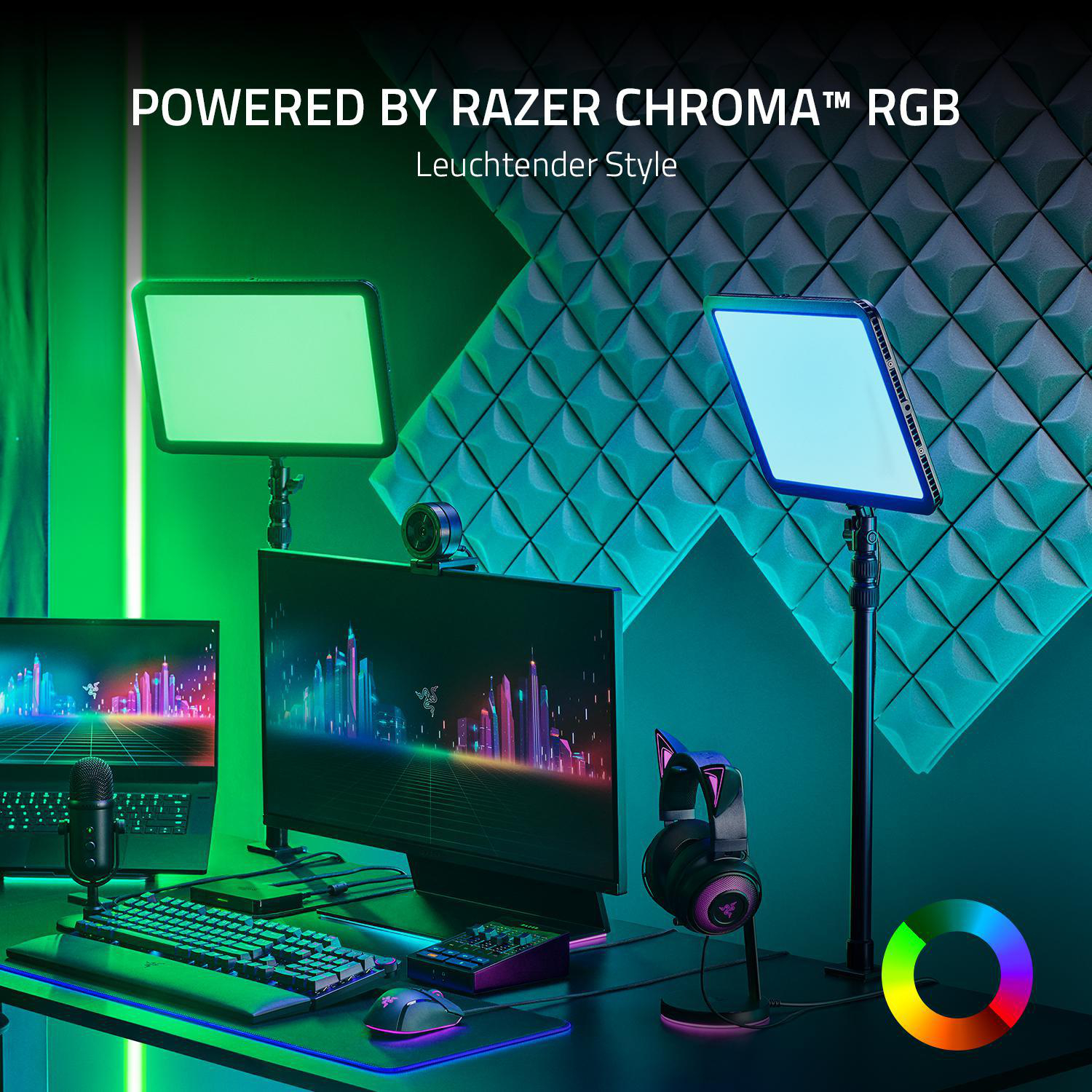 Studio-Setup mit zwei Lichtpaneelen und Computerausrüstung.