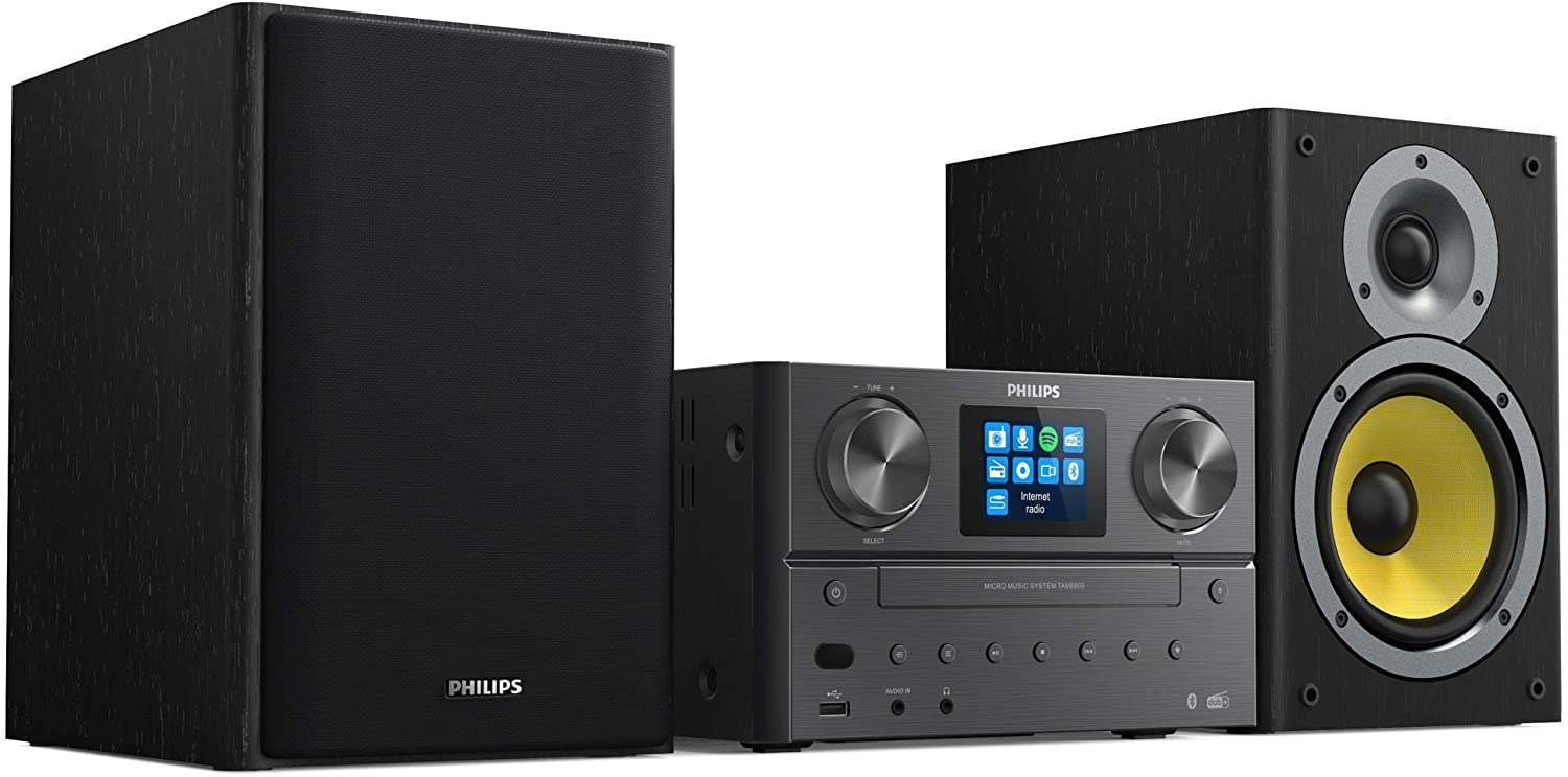 Black stereo system with two speakers and a central unit. The speakers are black.