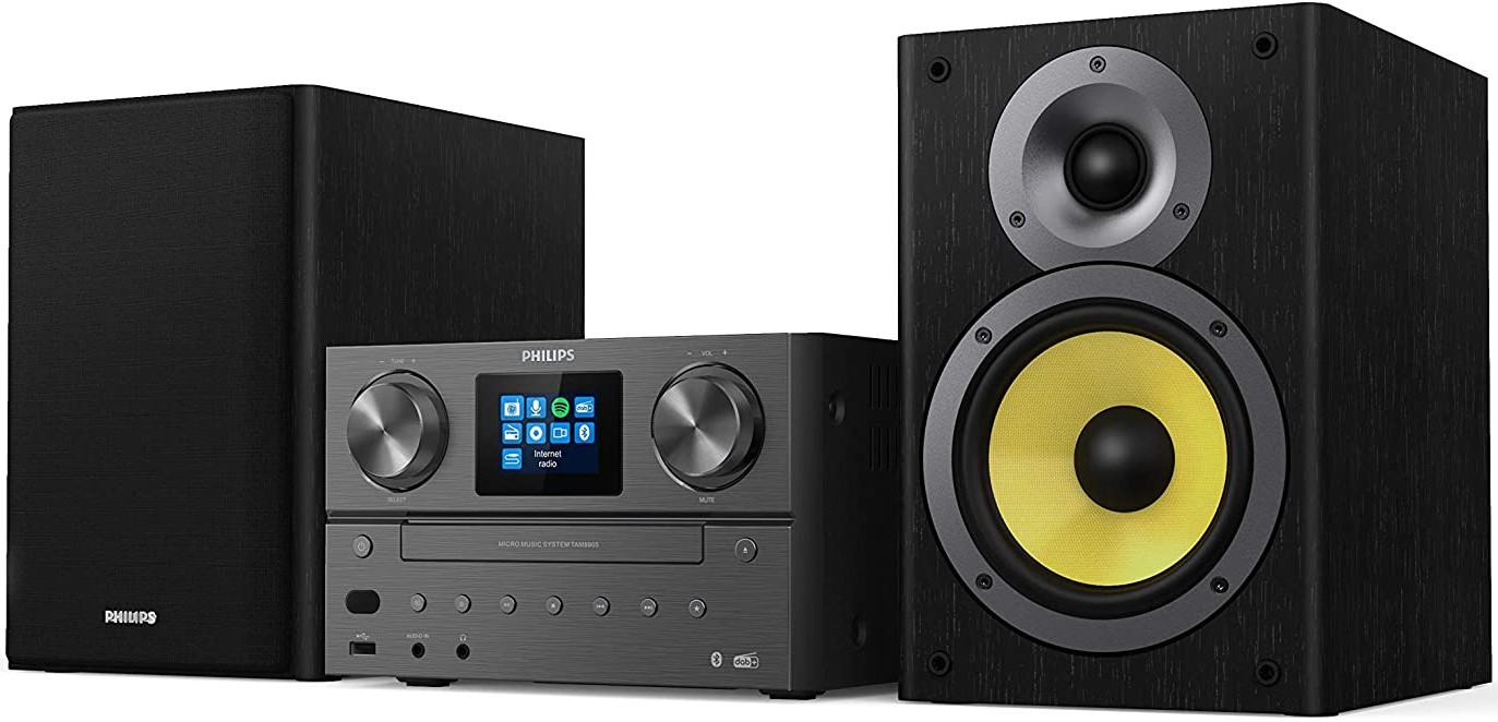 Black Philips audio system with a subwoofer and two speakers with yellow cones.