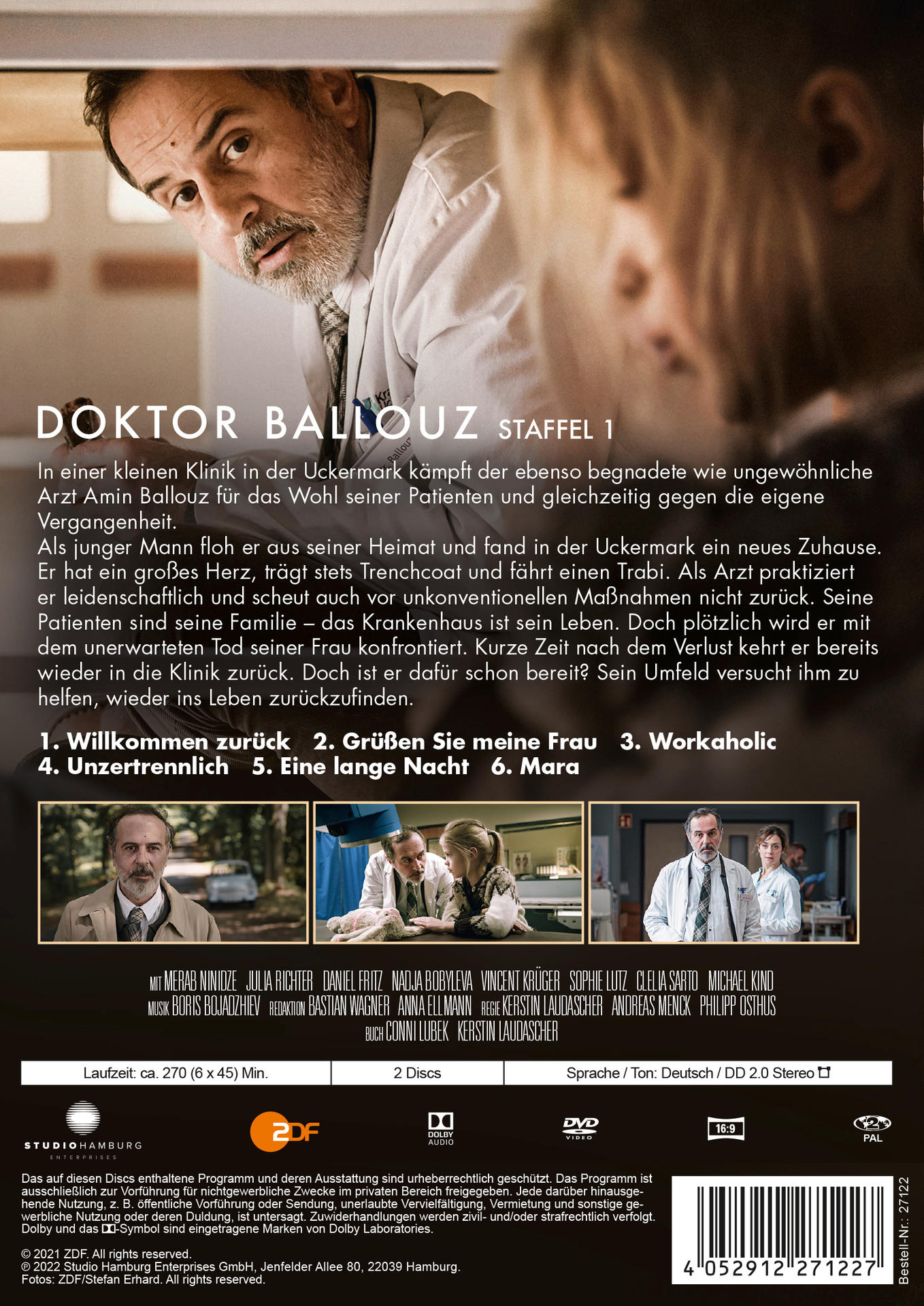Film-DVD-Cover mit einem Arzt, der einen Patienten betrachtet, und einer Szene im Krankenhaus.