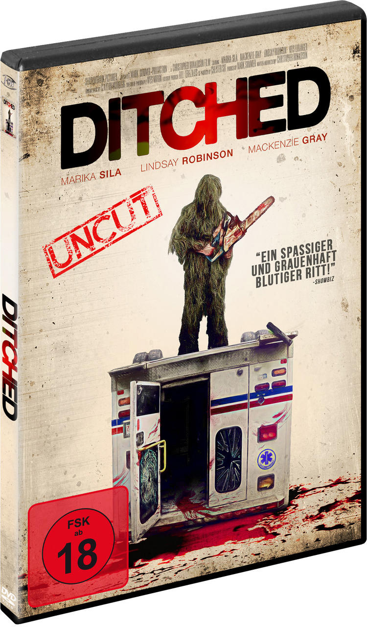 DVD-Hülle für "Ditched", zeigt einen Krankenwagen mit Person in Ghillie-Anzug mit Kettensäge.