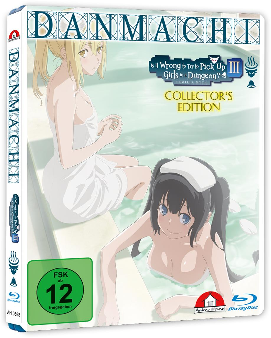 DVD-Cover mit Anime-Charakteren in einer heißen Quelle. Der Text lautet 'Ist es falsch, Mädchen in einem Dungeon aufzuziehen?'