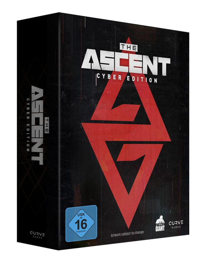 Eine schwarze Box mit dem Spiel „The Ascent“ Cyber Edition.