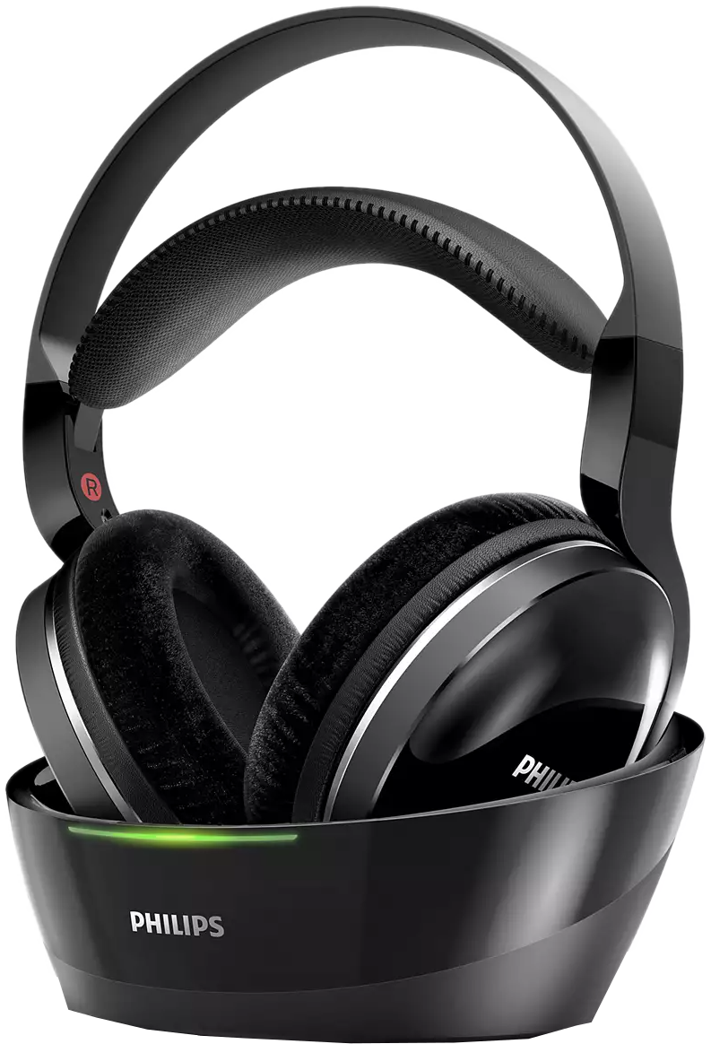 Casque Philips noir avec socle de charge, lumière verte visible. Design circum-aural.